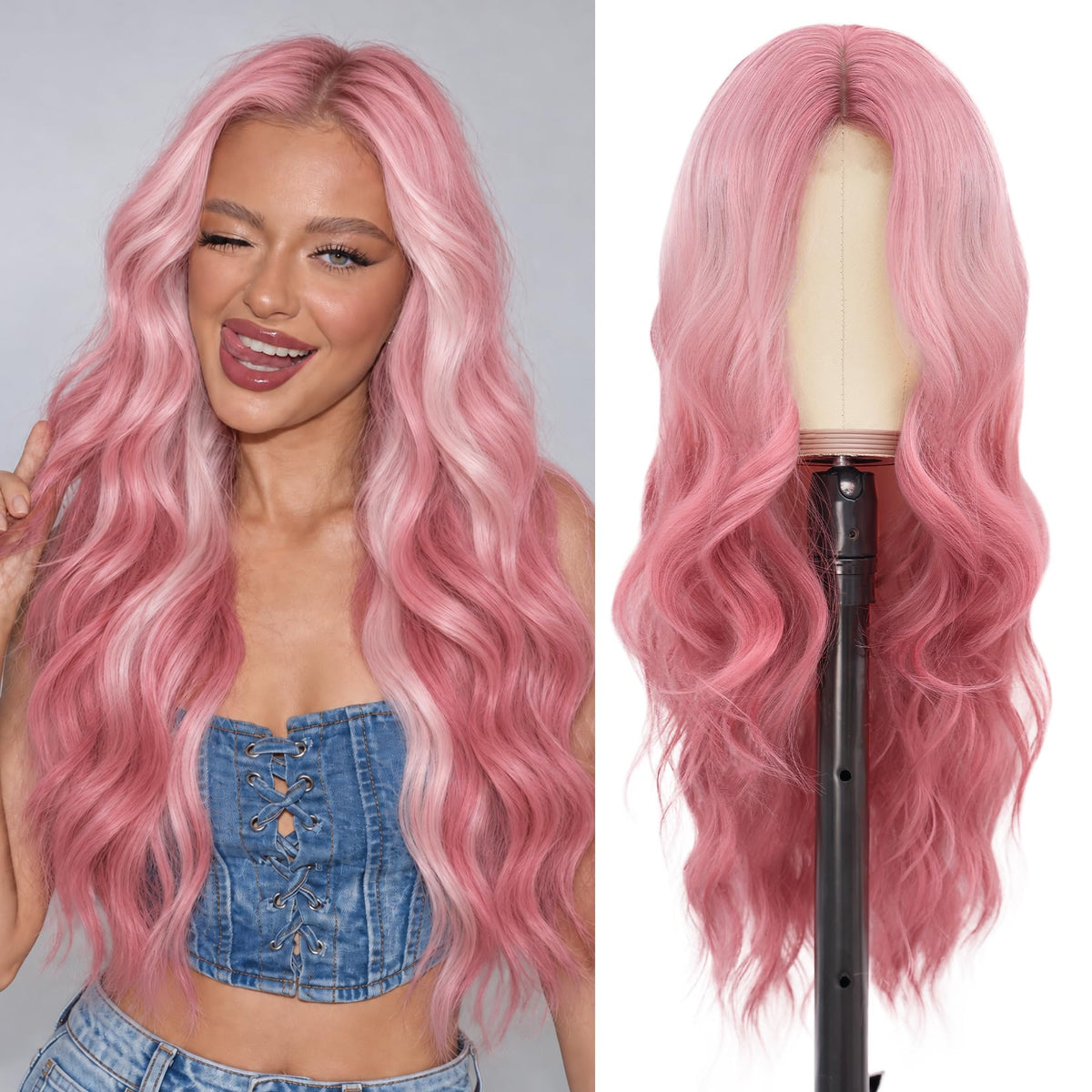 NAYOO Ice Blue Wig for Women, 26 Inch Middle Part Wavy Synthetic Wig