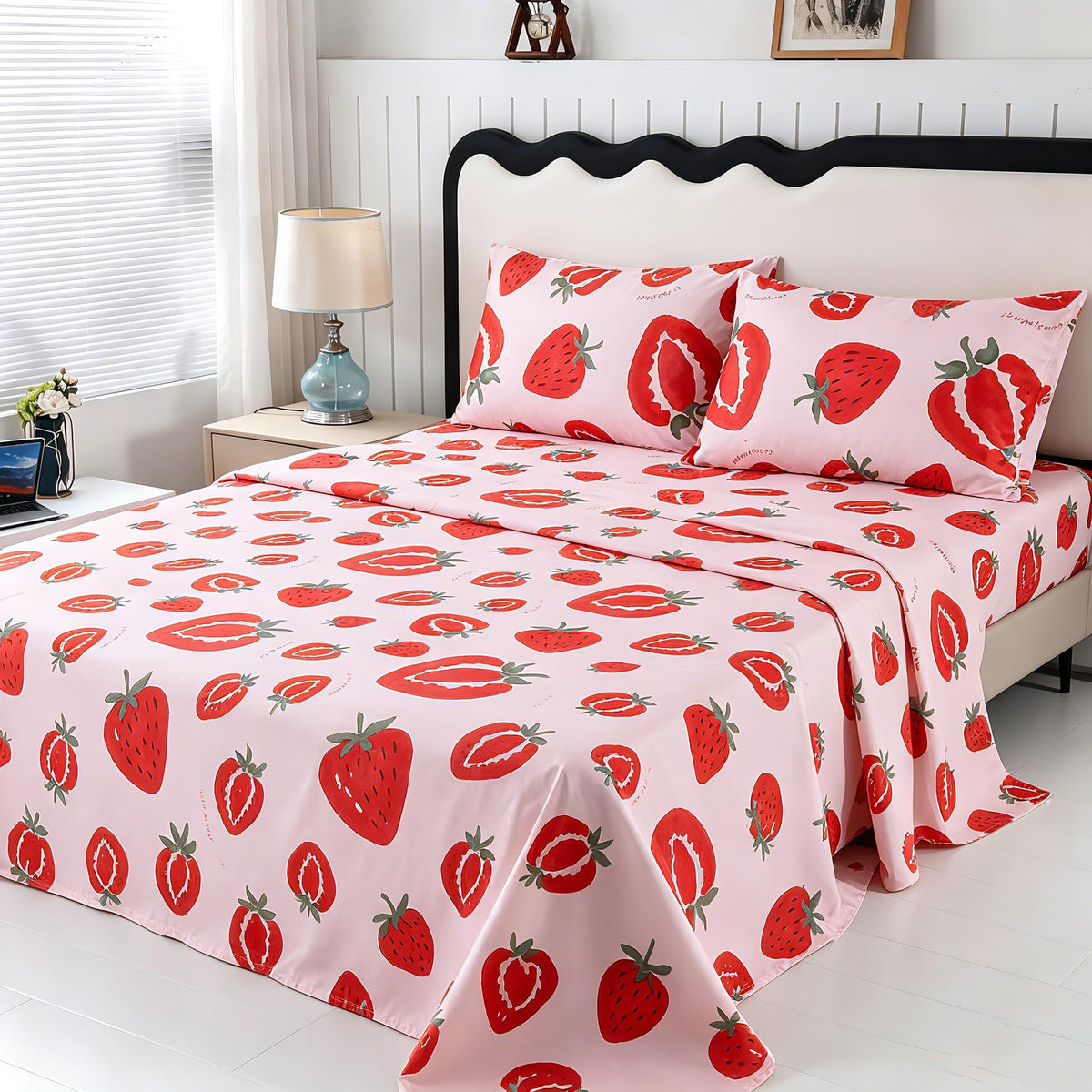 SDIII 4PCS Red Cherry Bed Sheets Set Full, Soft Microfiber Cherry Full Size Bed Sheets, Cute Fruit Patterns Sheet for Girls Boys Kids and Teens