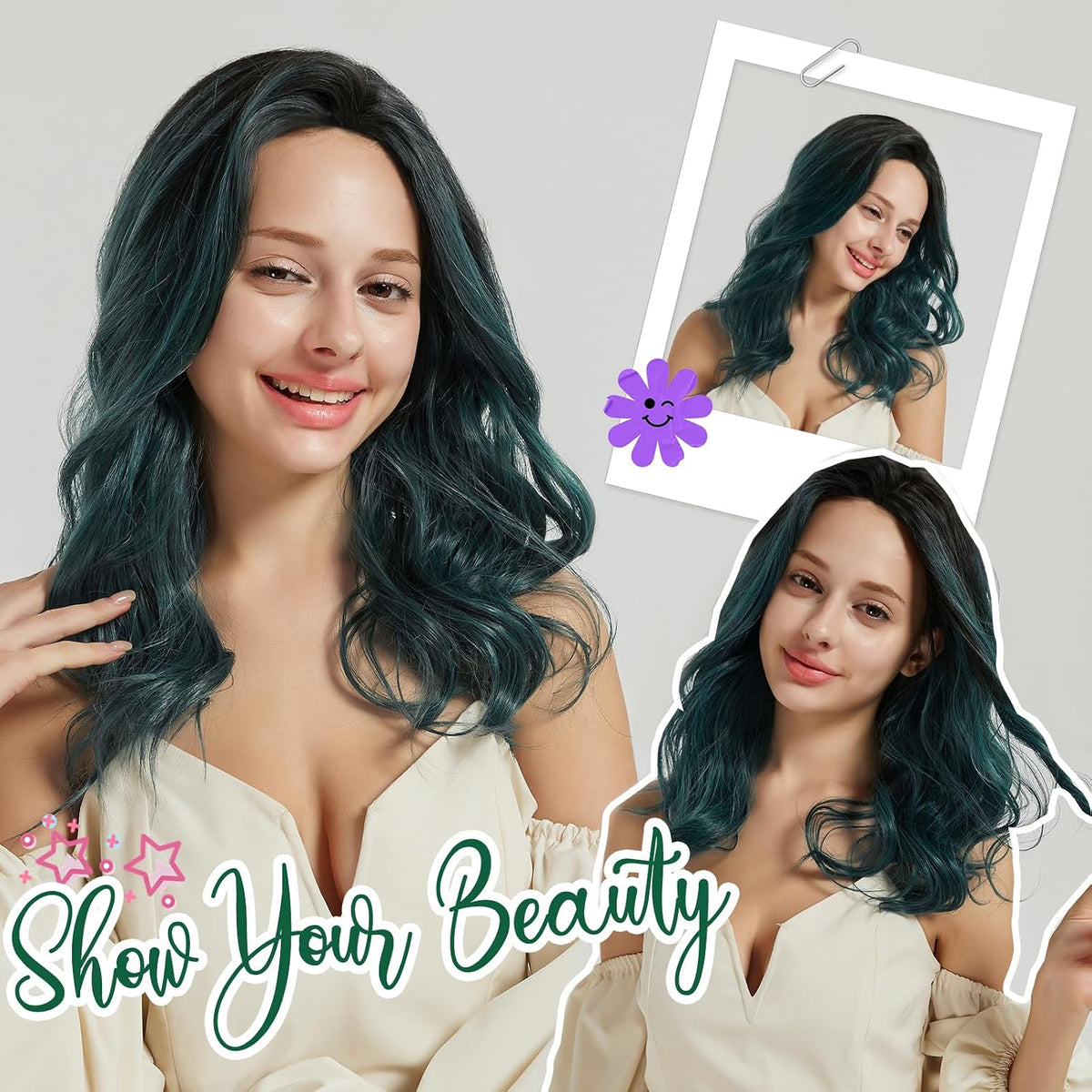 MORICA Ombre Dark Green Wigs for Women, 18 Inch Wavy Middle Part Wig