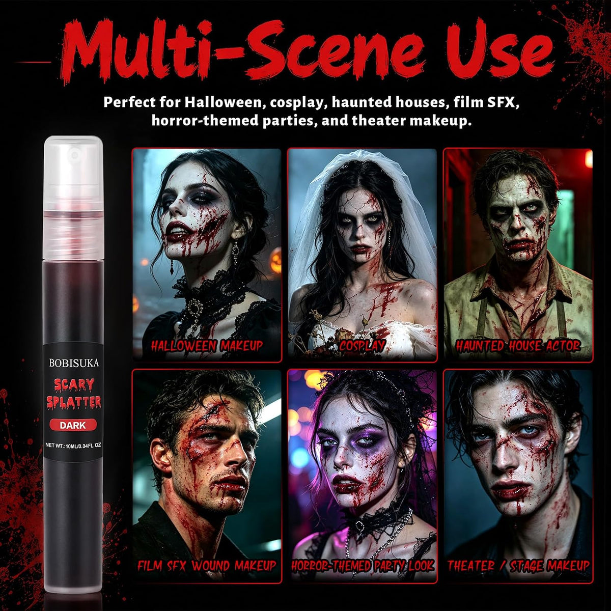 BOBISUKA Dark Fake Blood Spray– Splatter SFX Makeup Kit for Halloween, Cosplay, Zombie, Vampire, Clown, Scary Wounds, Easy Washable Formula – 0.34 fl.oz