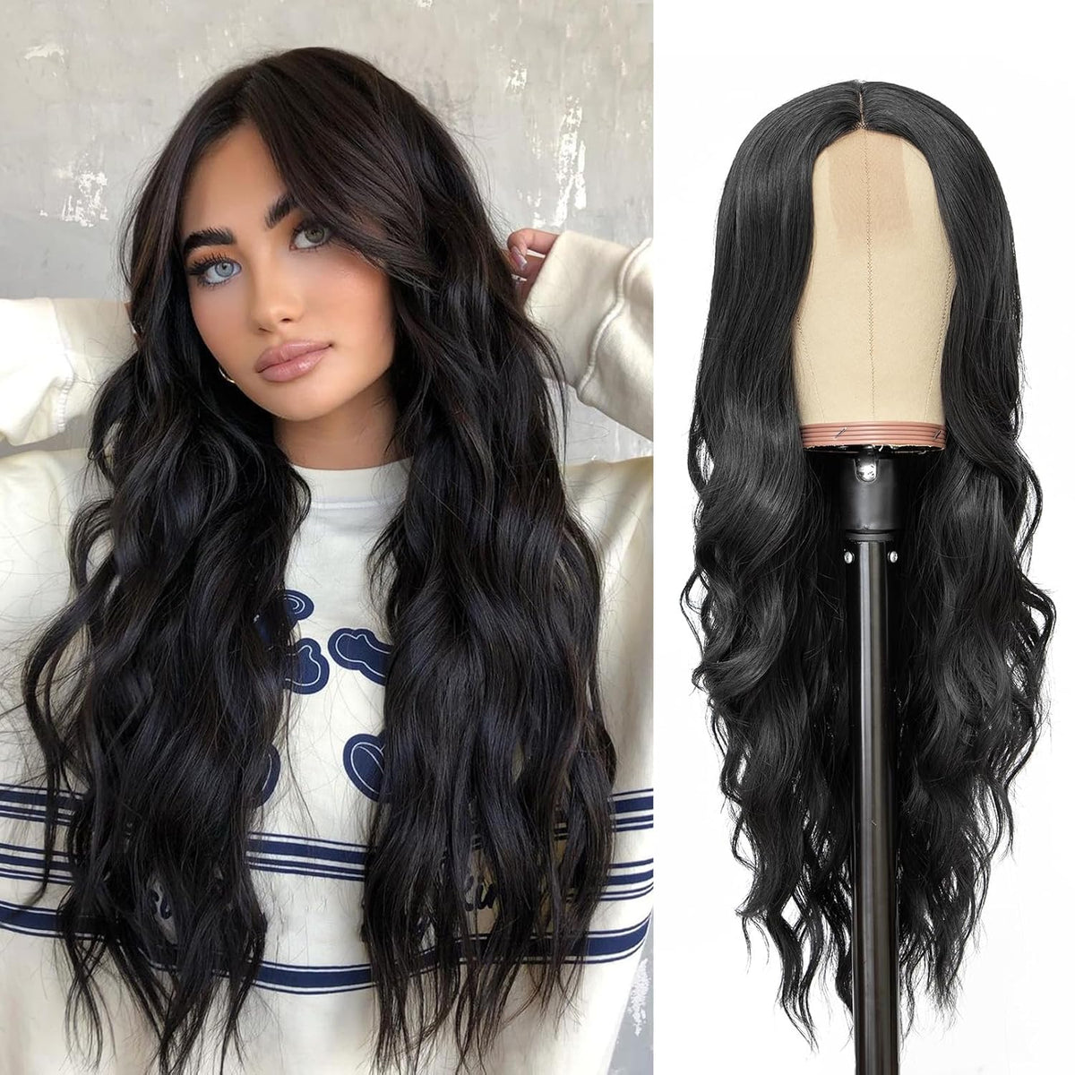NAYOO 26 Inch Long Wavy Black Wig for Women, Middle Part Natural Looking Synthetic Wig, Heat Resistant Fiber Soft & Lightweight, Realistic Scalp Long Curly Wig for Daily Wear Party Cosplay