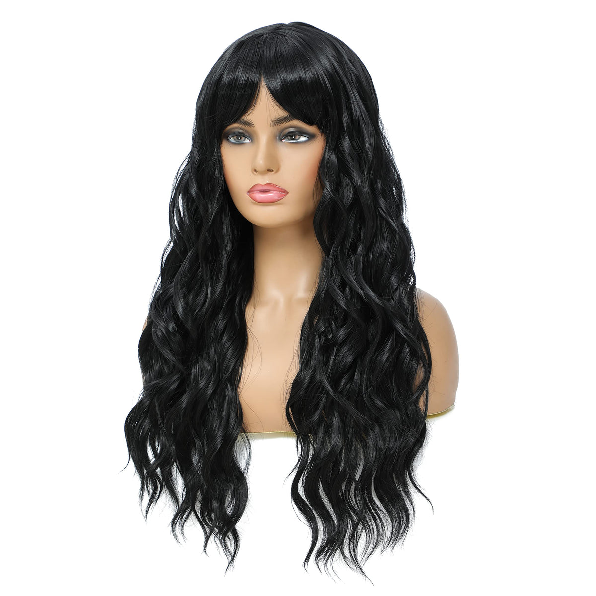 SWACC Long Curly Wavy Wig with Bangs Synthetic Hair Wig for Women with Wig Cap (Pink Ombre)