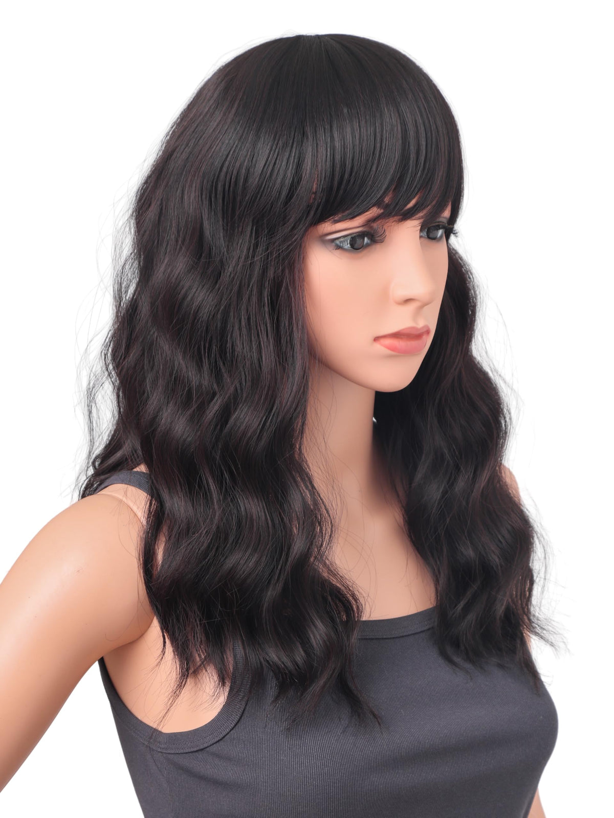 18 Inch Wavy Wig with Bangs – Black With Brown Highlights Heat Resistant Synthetic Hair, Soft Silky & Natural Looking for Women