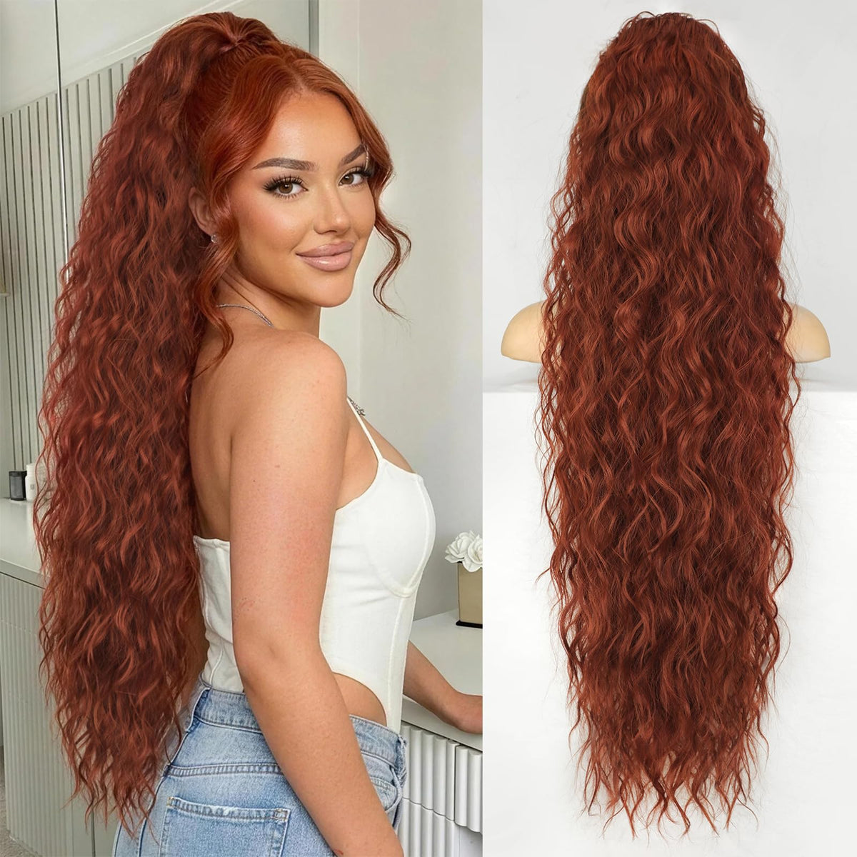 KooKaStyle Long Medium Brown Curly Synthetic Drawstring Ponytail Extension