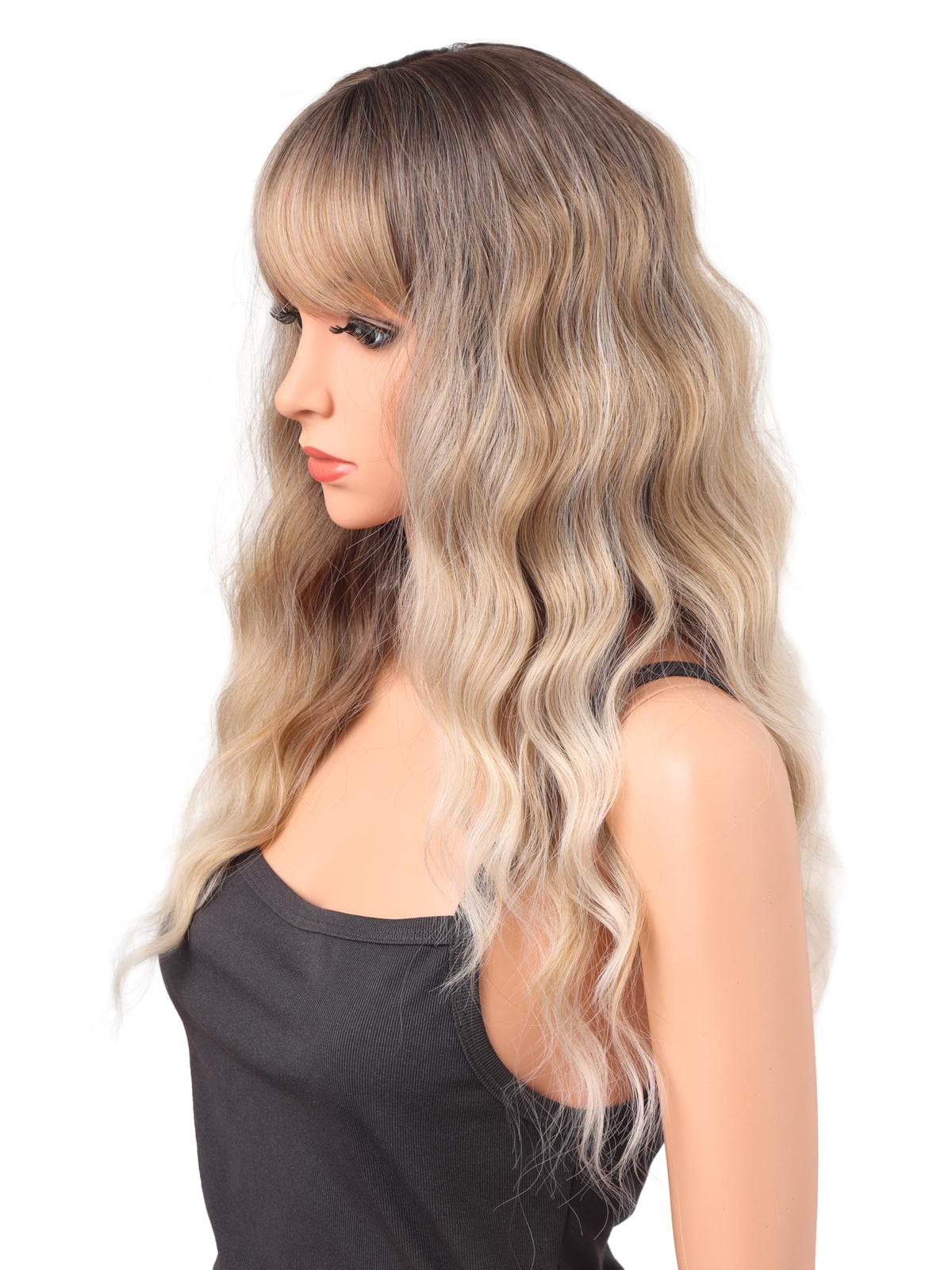 18 Inch Wavy Wig with Bangs – Black With Brown Highlights Heat Resistant Synthetic Hair, Soft Silky & Natural Looking for Women