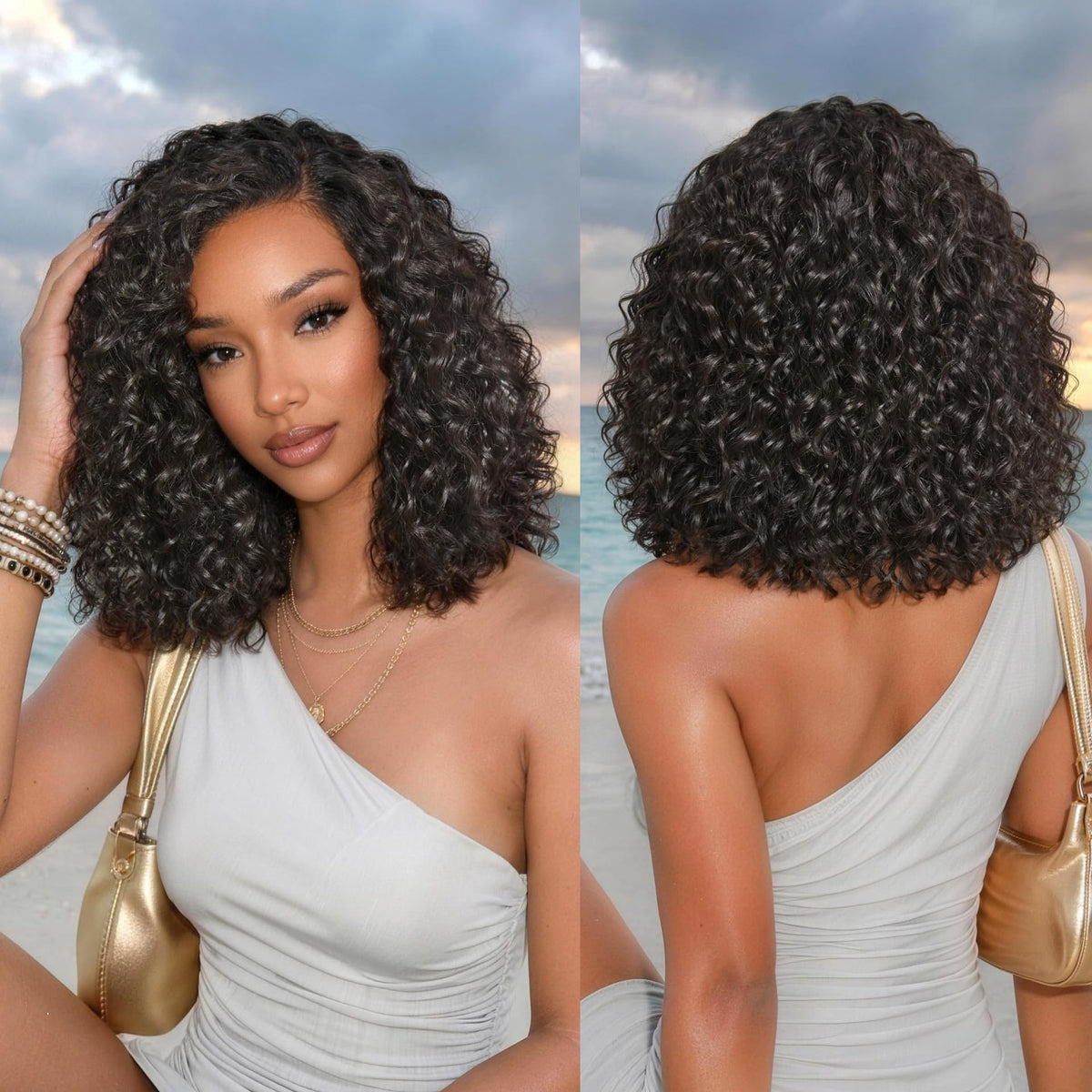 Frodio Curly Water Wave Glueless Wig 12'' Short Curly Wigs Honey Brown Mix