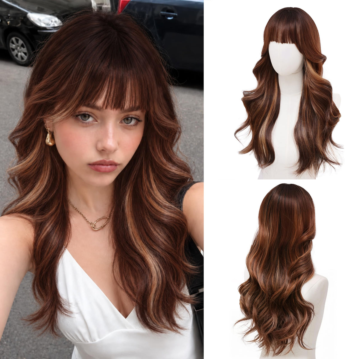 Rooted Honey Wig with Bangs for Women 24 Inch Long Wavy Synthetic Hair