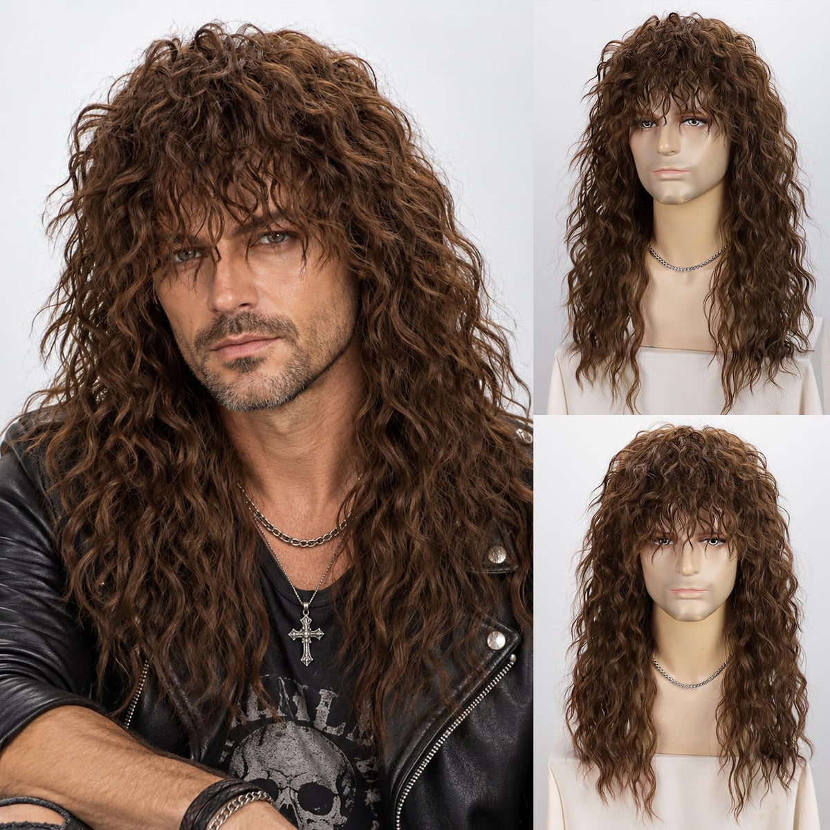 YYHR 80s Brown Wigs for Mens Mullet Rocker Costume Long Synthetic Hair Wig