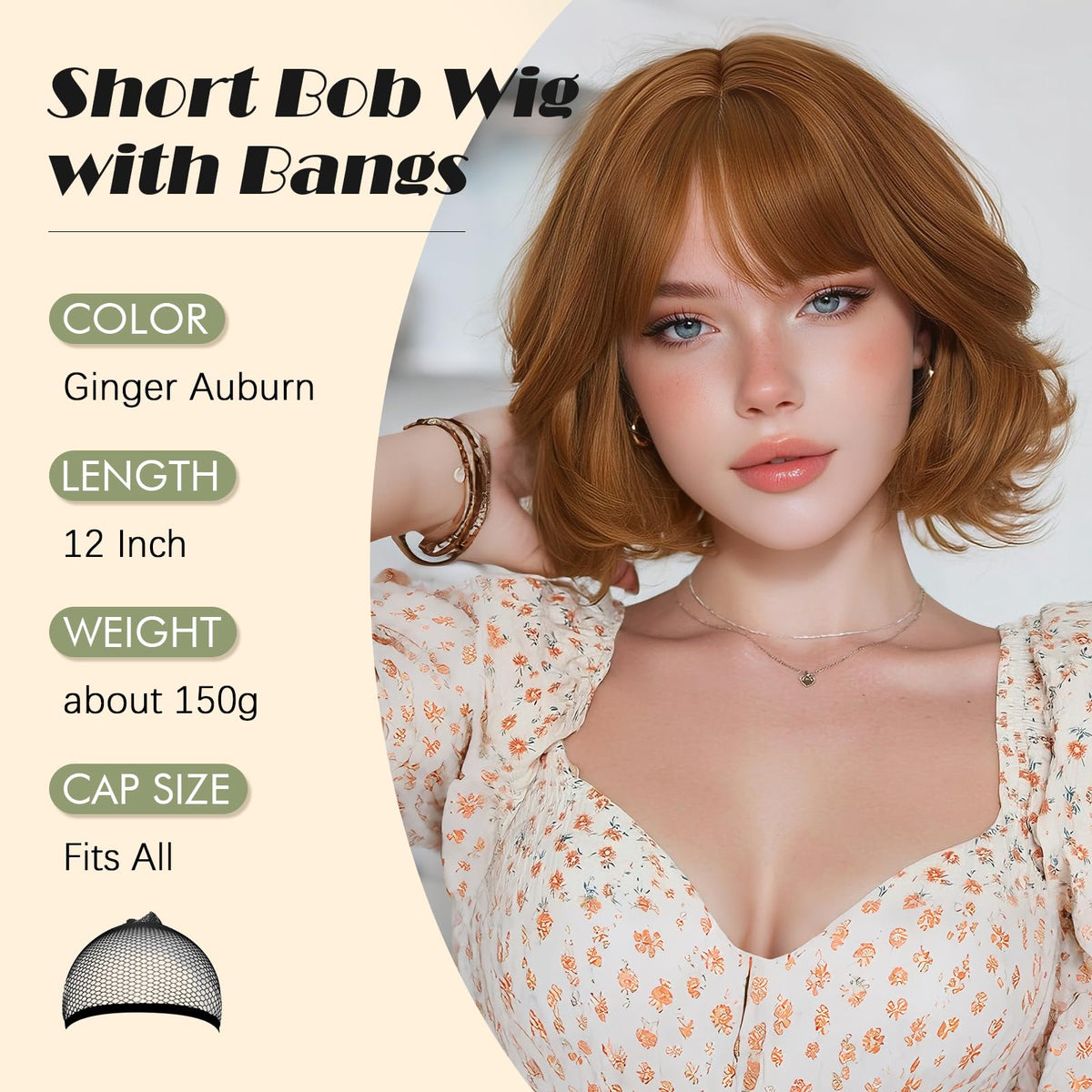 SOFEIYAN Short Wavy Violet Blue Wig - 12 Inch Dark Ginger Bob Wig with Bangs for Women Curly Shoulder Length Bob Wig with Bangs Soft Synthetic Hair Wigs for Girls Daily Party Use