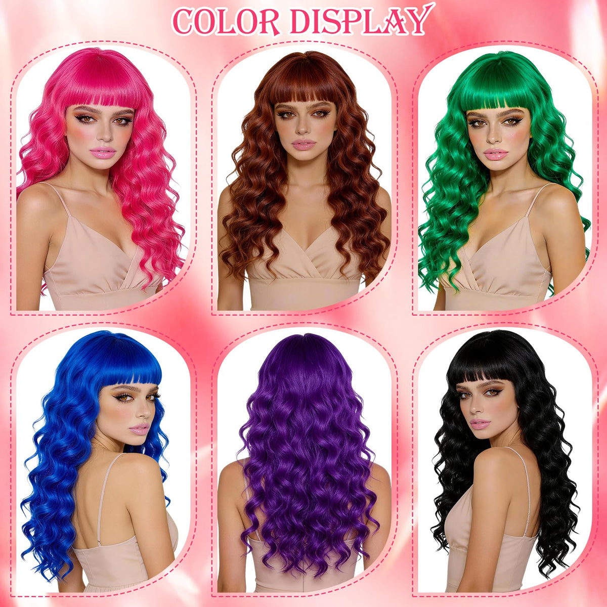 Purple Wig for Women Long Wavy Hair with Heart Sunglasses, Colorful Curly Wigs with Bangs for Birthday Nightclubs Music Festival Photography Funny Bachelorette Mardi Gras Party Supplies