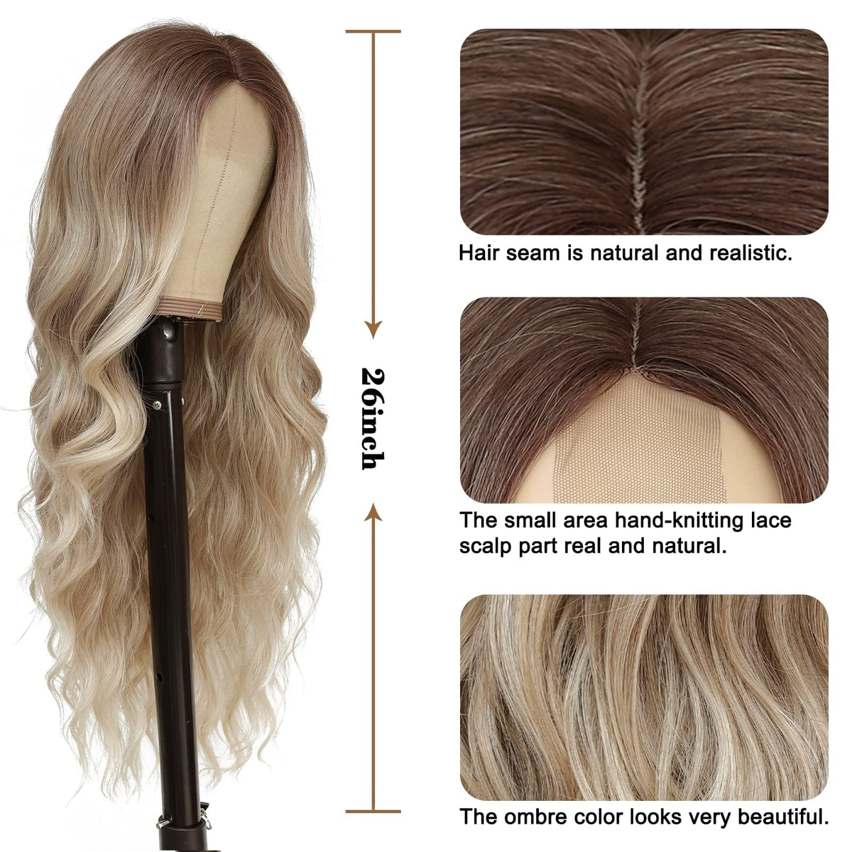 NAYOO Ice Blue Wig for Women, 26 Inch Middle Part Wavy Synthetic Wig
