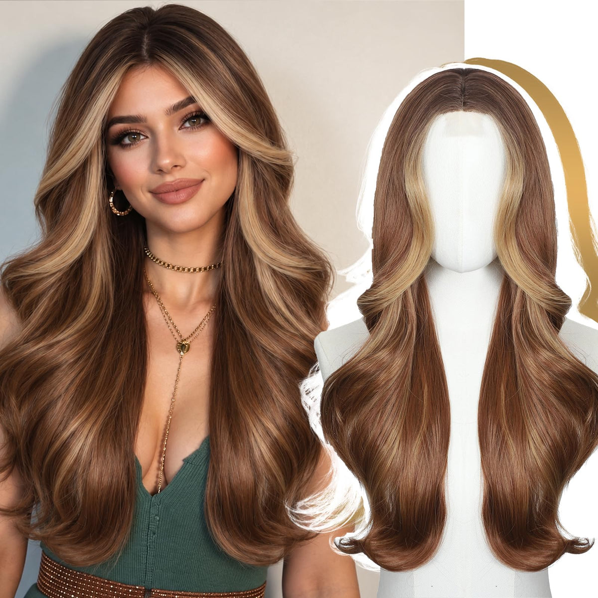 Brown Wigs for Women 26 Inch Middle Part Wavy Synthetic Wig