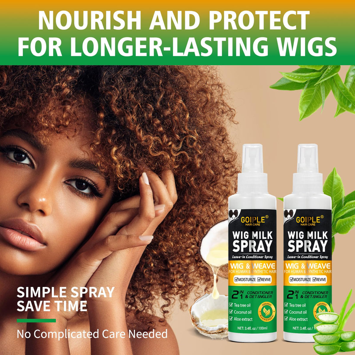 Goiple 2PCS Synthetic Wig Milk Spray, Heat Thermal Leave-In Conditioner Wig Detangler Spray for Human Wigs, Conditioner ＆ Detangler 3 in 1 Moisturizer, Synthetic Hair Wigs Easy Combing