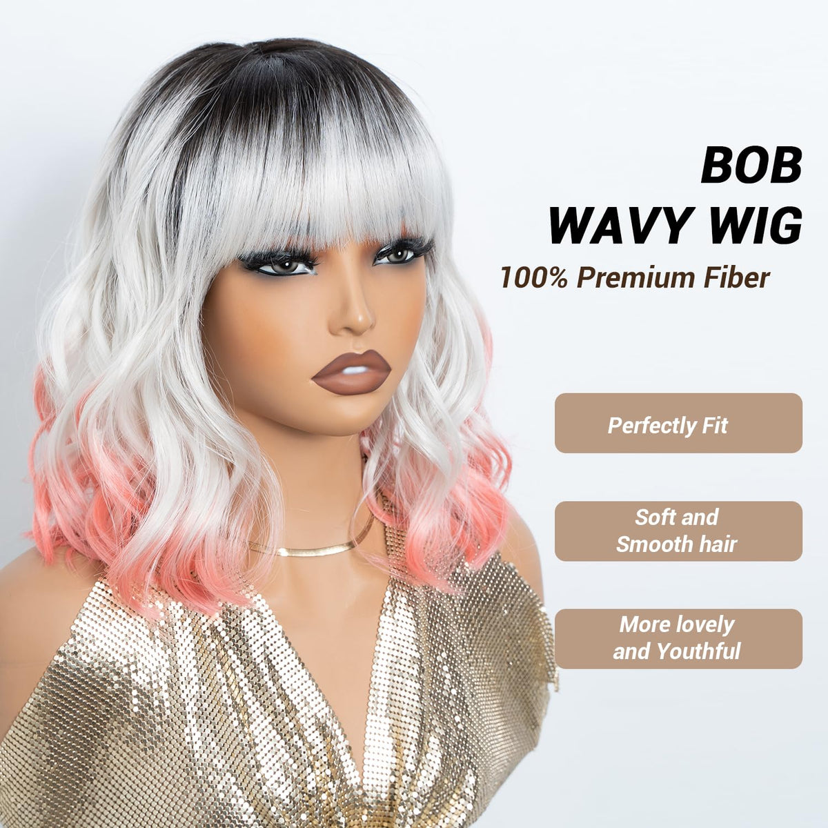 NOBLE Blue Wig with Bangs 12 Inches Short Bob Curly Wig Blue Wigs for Women Colorful Wavy Bob Wigs with Air Bangs Heat Resistant Synthetic Silver Blue Halloween Wigs for Cosplay Party