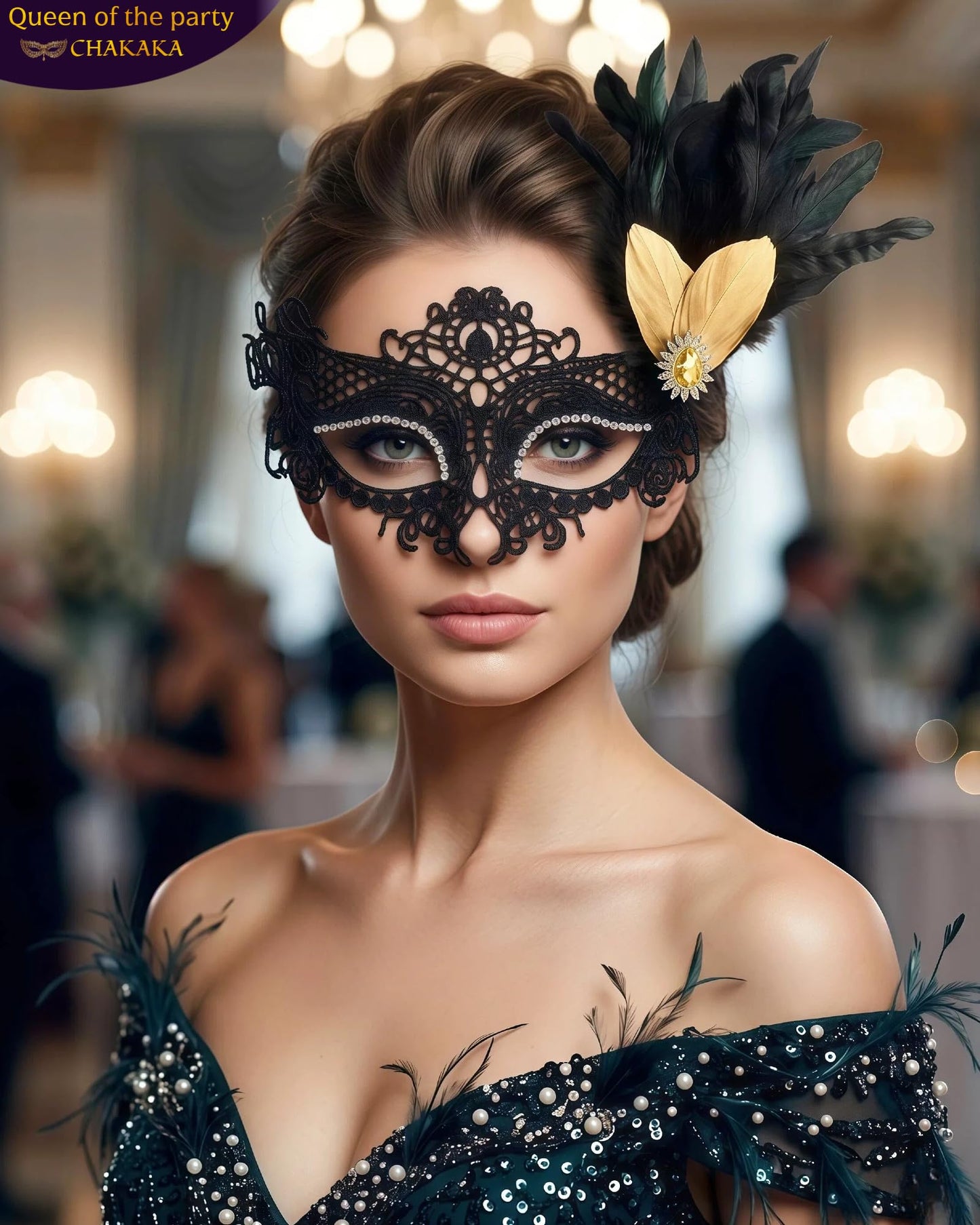Black Lace Masquerade Mask for Women,1920s Venetian Feather Eye Mask with Gold Rhinestones for Mardi Gras Halloween