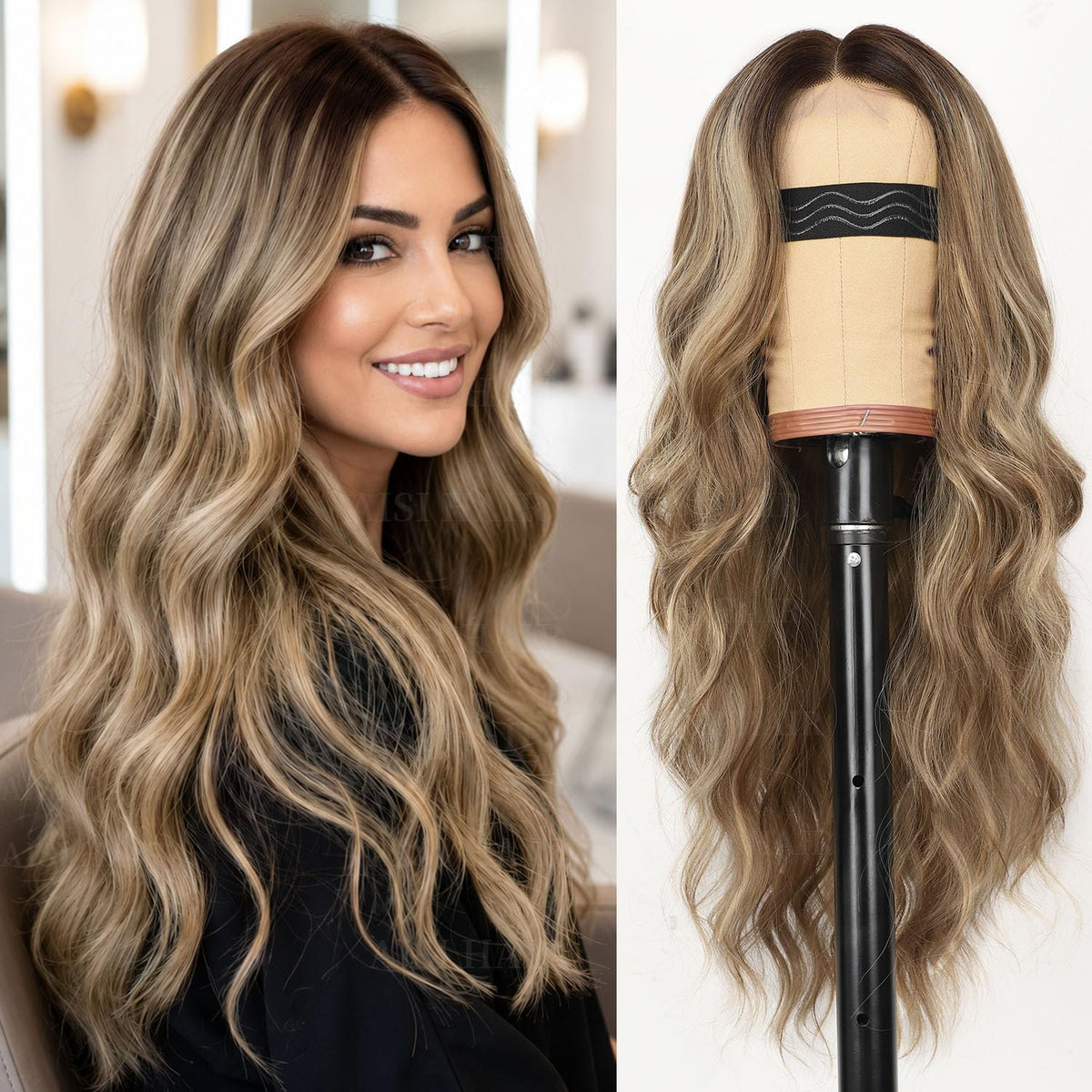 AISI HAIR Black Wig for Women, Long Wavy Lace Hairline Synthetic Wig 26Inch