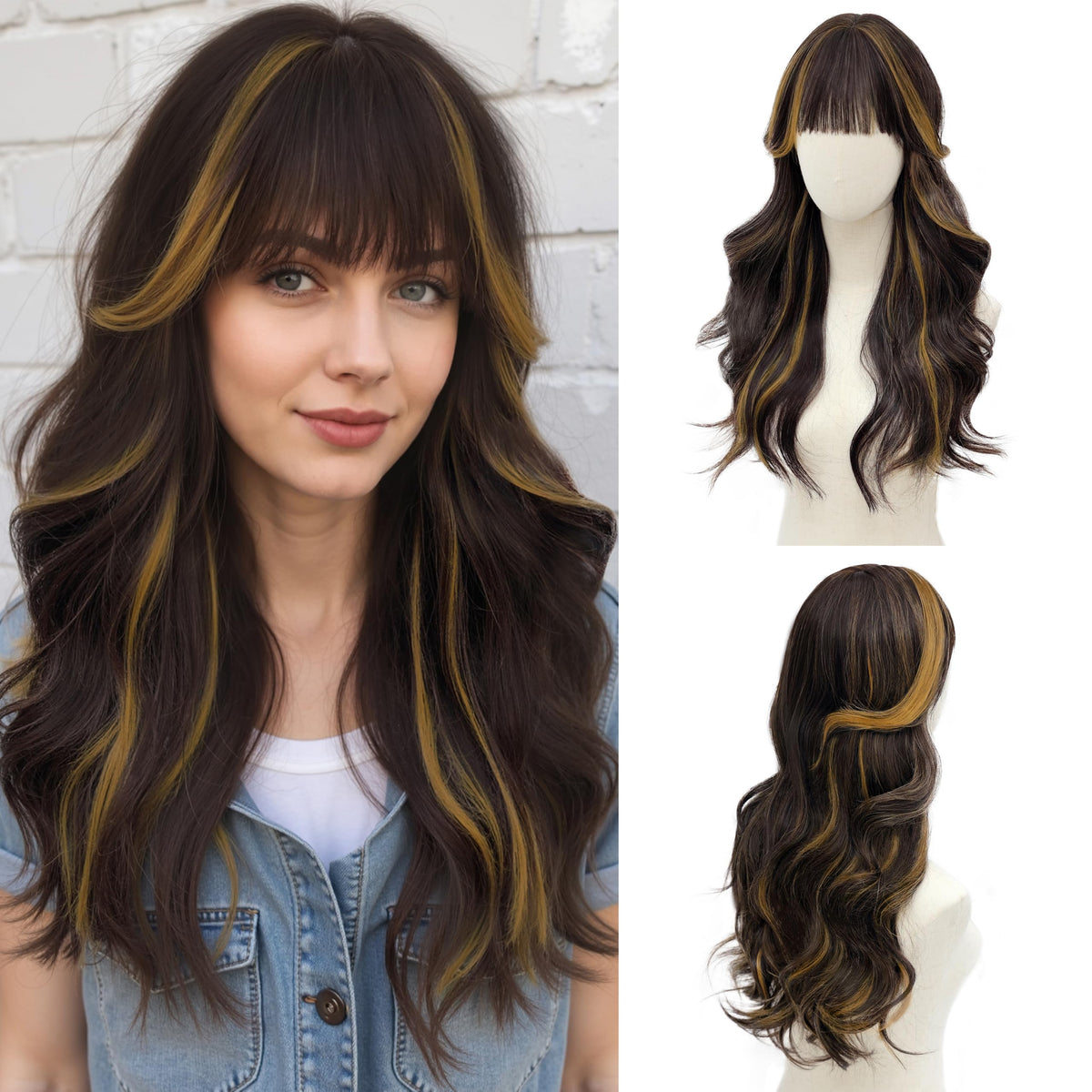 Rooted Honey Wig with Bangs for Women 24 Inch Long Wavy Synthetic Hair