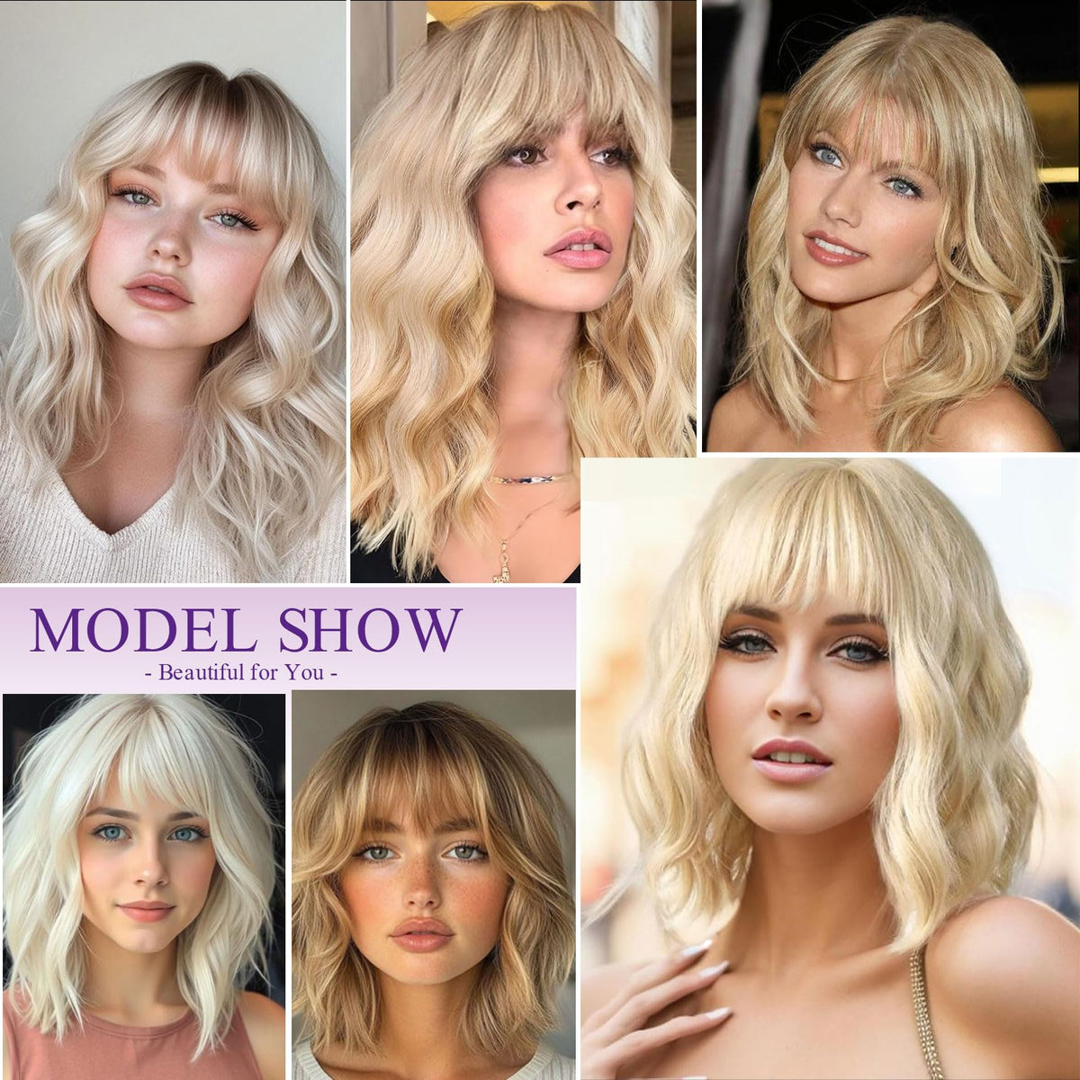 Dark Purple Wigs with Bangs for Women 14 Inch Short Wavy Bob Wigs Synthetic Bob Wig Curly Wig Heat Resistant Colorful Wavy Wig Cosplay Wigs For Daily Party Halloween