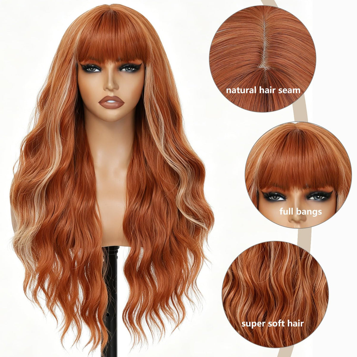 Burgundy Wig with Bangs for Women, Long Wavy Red Wig 26 Inch Wigs Heat Resistant Sythetic Wig for Daily Party Use