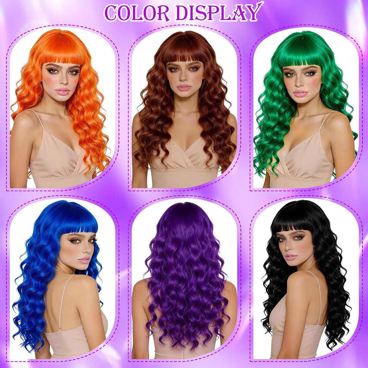 Purple Wig for Women Long Wavy Hair with Heart Sunglasses, Colorful Curly Wigs with Bangs for Birthday Nightclubs Music Festival Photography Funny Bachelorette Mardi Gras Party Supplies