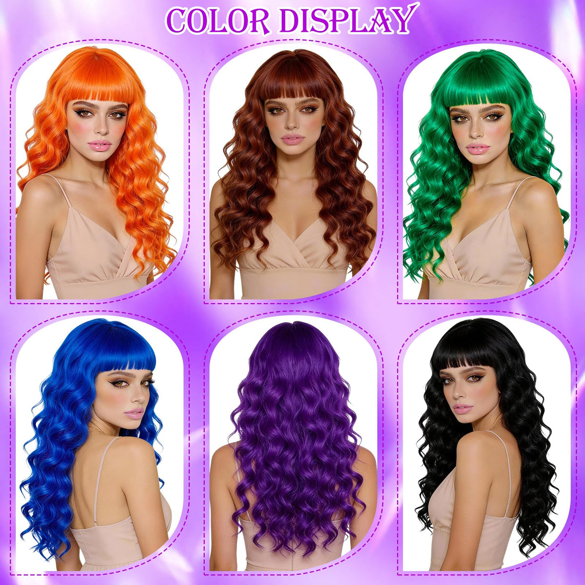 Purple Wig for Women Long Wavy Hair with Heart Sunglasses, Colorful Curly Wigs with Bangs for Birthday Nightclubs Music Festival Photography Funny Bachelorette Mardi Gras Party Supplies