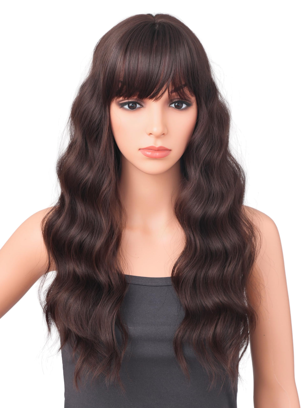 18 Inch Wavy Wig with Bangs – Black With Brown Highlights Heat Resistant Synthetic Hair, Soft Silky & Natural Looking for Women