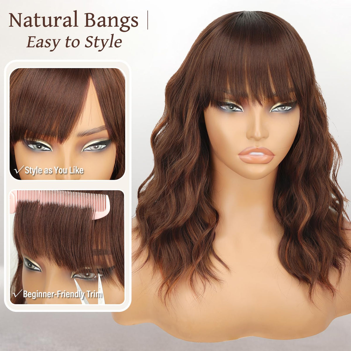 Nnzes Short Wavy Bob Wig with Bangs for Women Shoulder Length Curly Dark Brown with Purple Synthetic Heat-Resistant Fiber Hair for Daily & Party Use