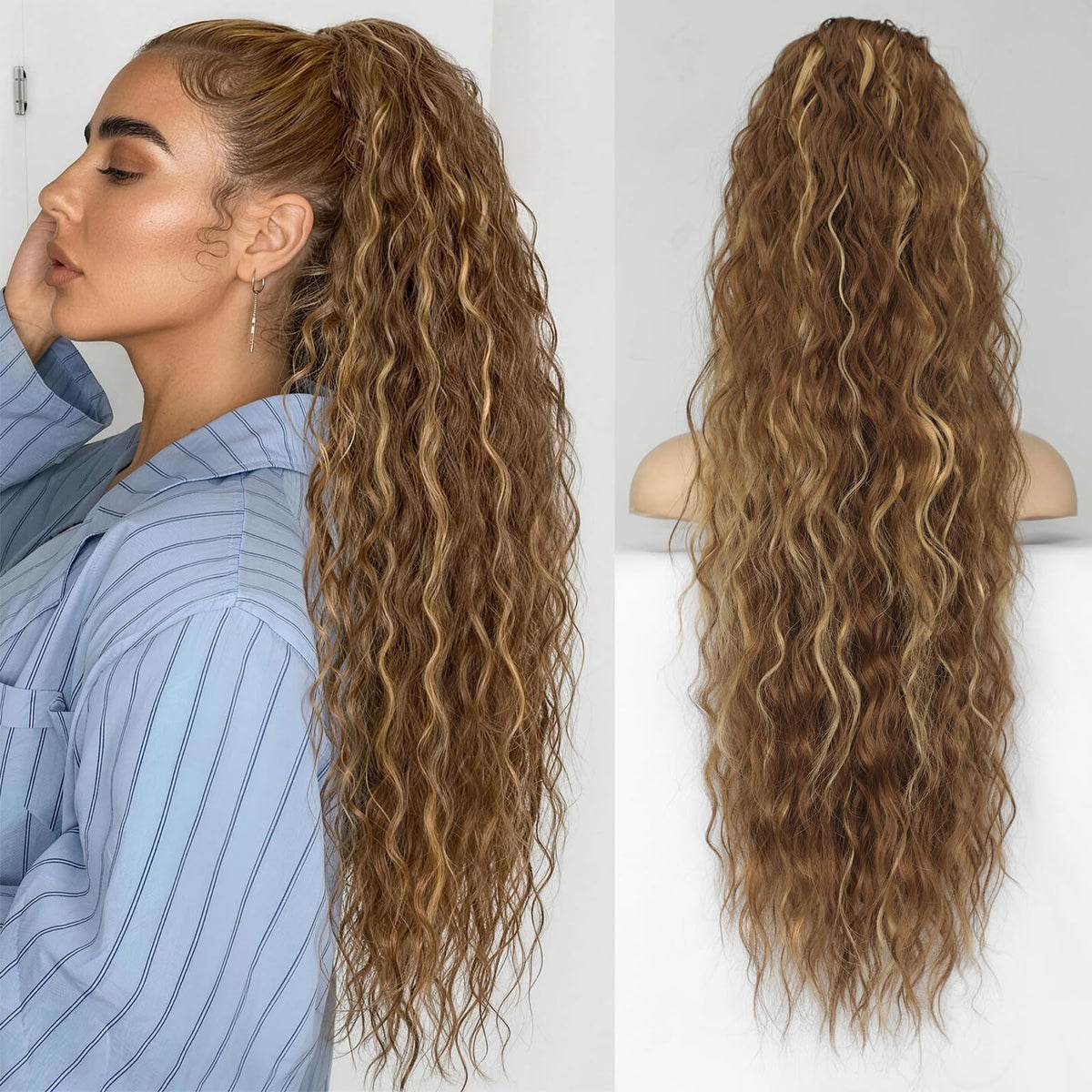KooKaStyle Long Medium Brown Curly Synthetic Drawstring Ponytail Extension
