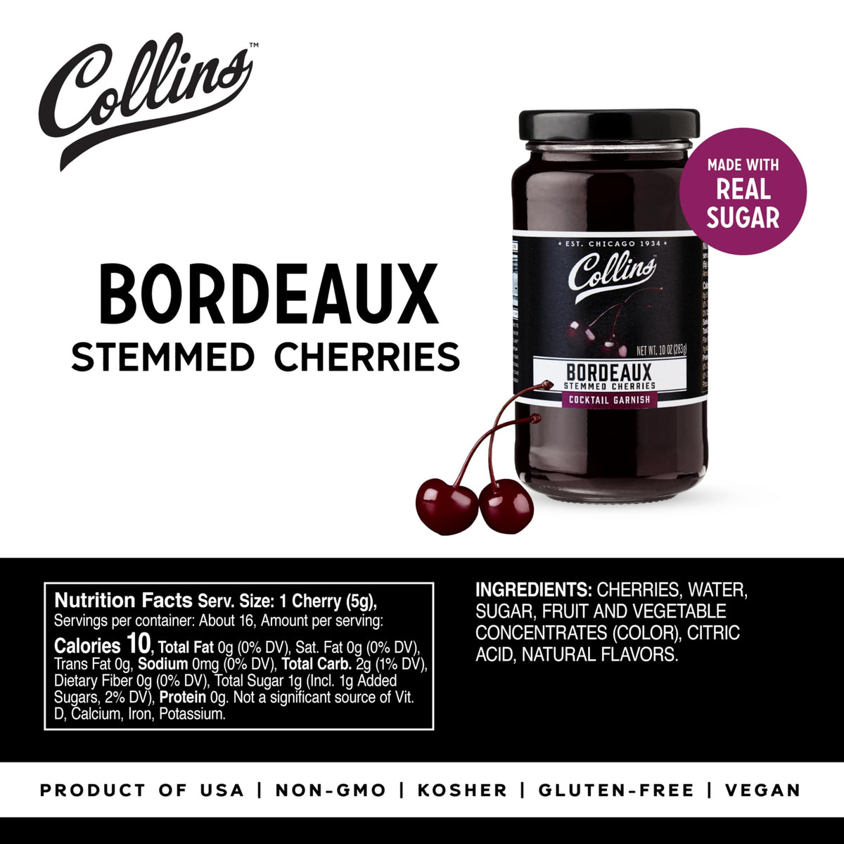 Collins Bourbon Cocktail Cherries - Drinks Garnish for Manhattan or Old Fashioned Cocktails and Desserts, Made with Award Winning Whiskey, 11 Ounce Glass Jar