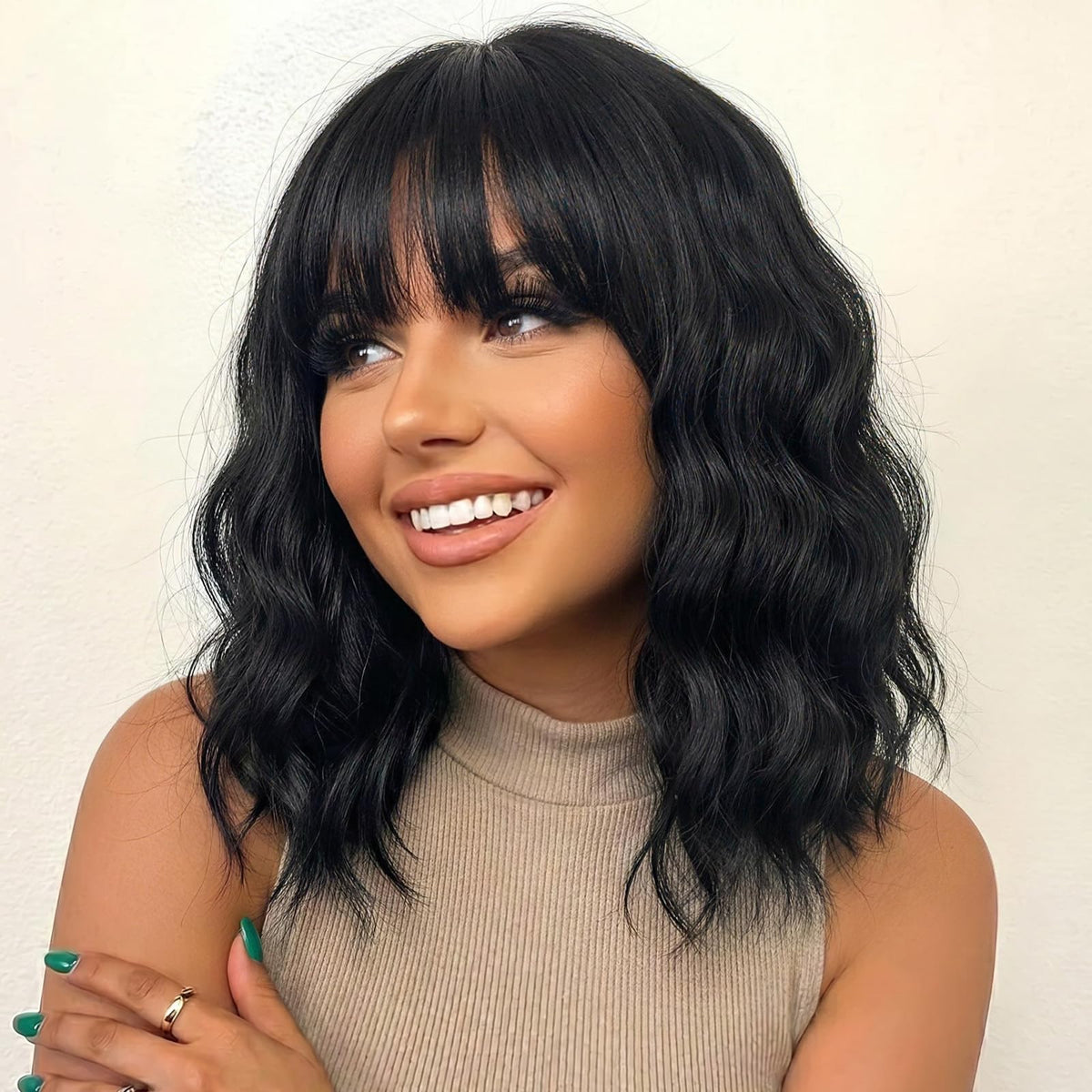 Nnzes Short Wavy Bob Wig with Bangs for Women Shoulder Length Curly Dark Brown with Purple Synthetic Heat-Resistant Fiber Hair for Daily & Party Use