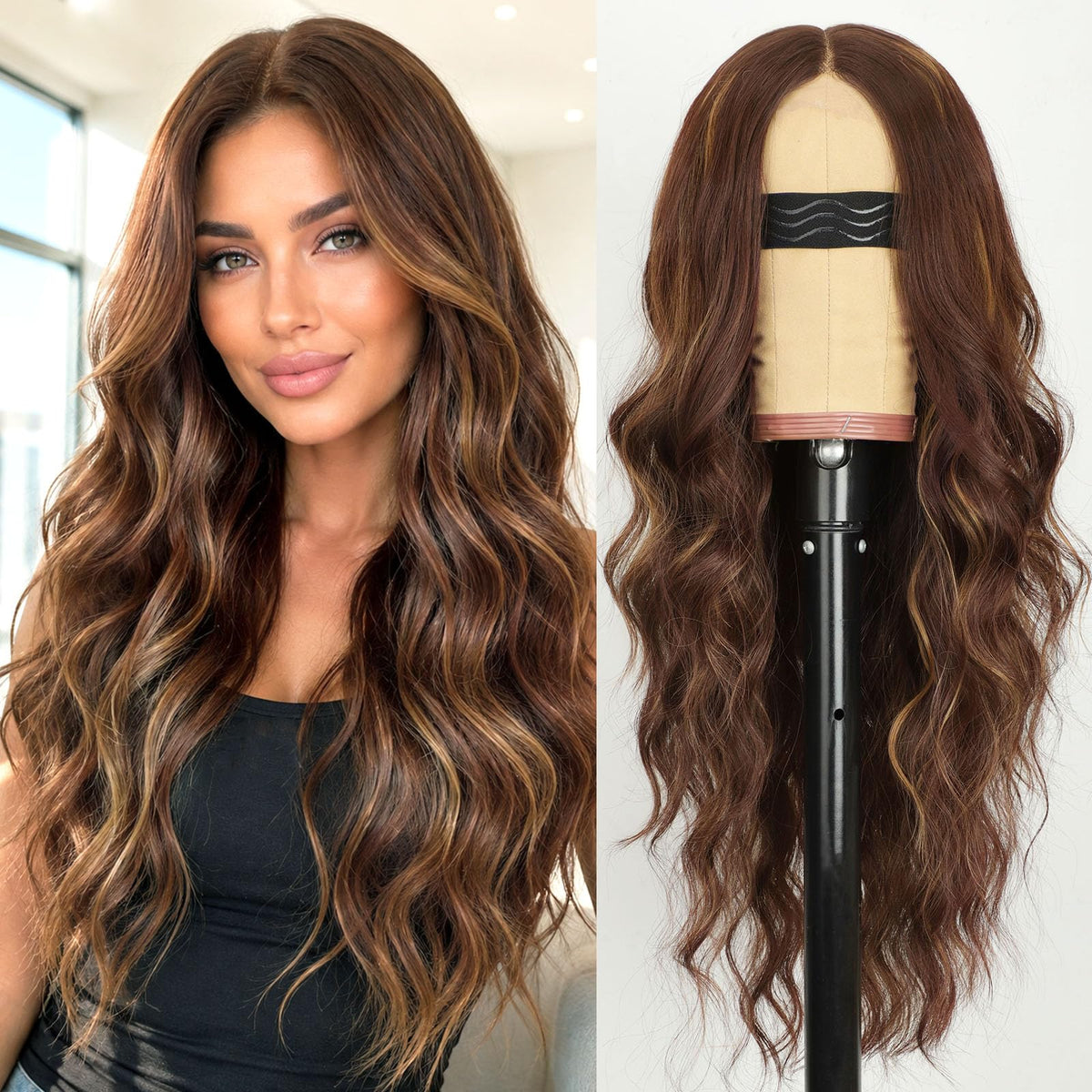 AISI HAIR Black Wig for Women, Long Wavy Lace Hairline Synthetic Wig 26Inch