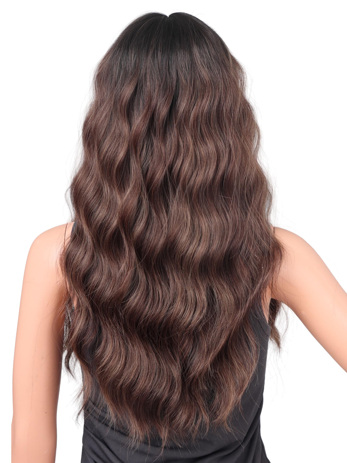 18 Inch Wavy Wig with Bangs – Black With Brown Highlights Heat Resistant Synthetic Hair, Soft Silky & Natural Looking for Women