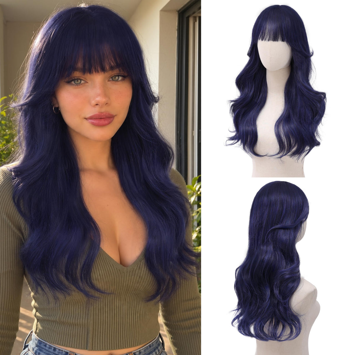 Rooted Honey Wig with Bangs for Women 24 Inch Long Wavy Synthetic Hair