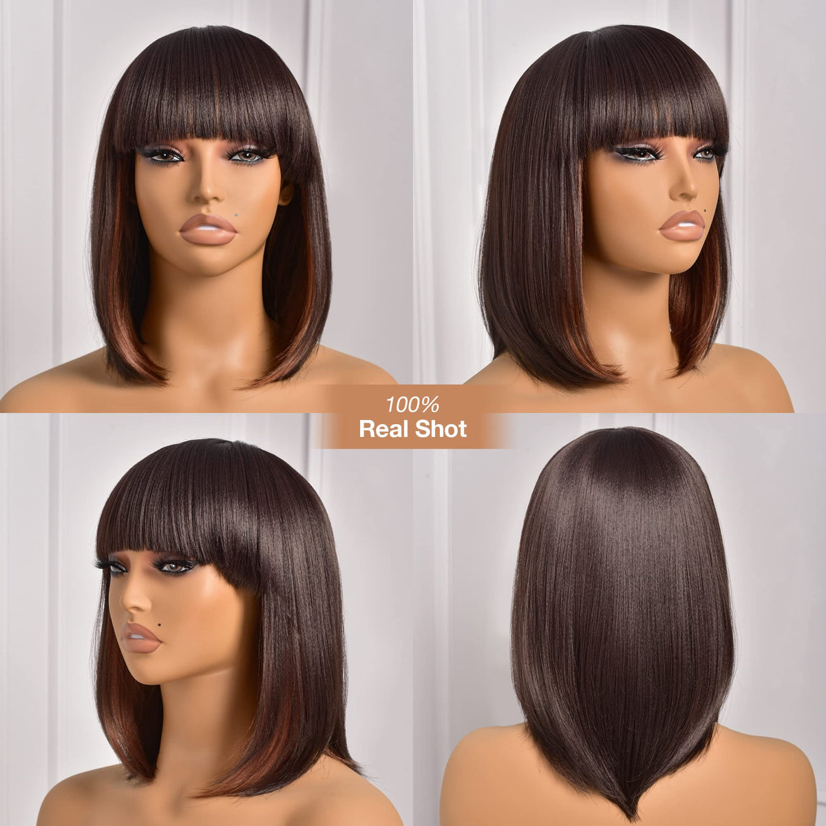ToyoTress Bob Wig With Bangs - 12 Inch Peek-a-boo Color Short Bob Wig For Black Women Black Mix Brown Daily Costume Wigs, Light Yaki Straight Synthetic Hair Wigs Heat Resistant (12 Inch, SH30-612H)