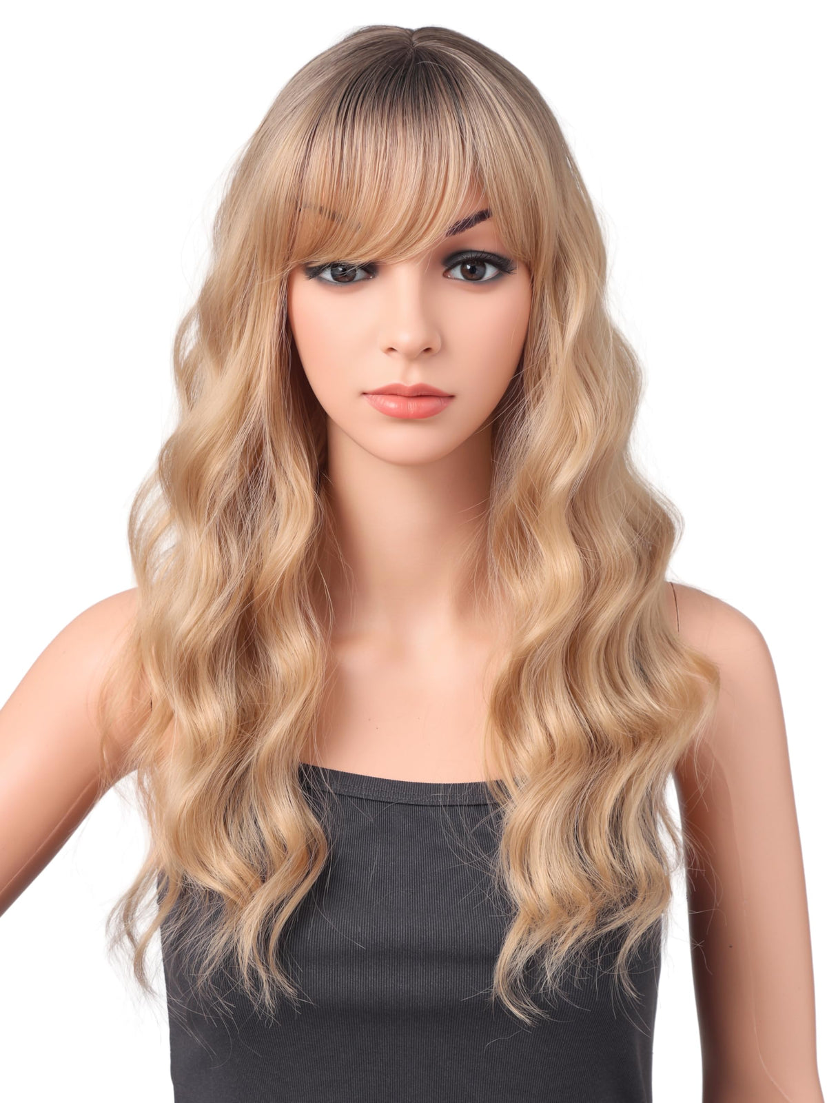 18 Inch Wavy Wig with Bangs – Black With Brown Highlights Heat Resistant Synthetic Hair, Soft Silky & Natural Looking for Women