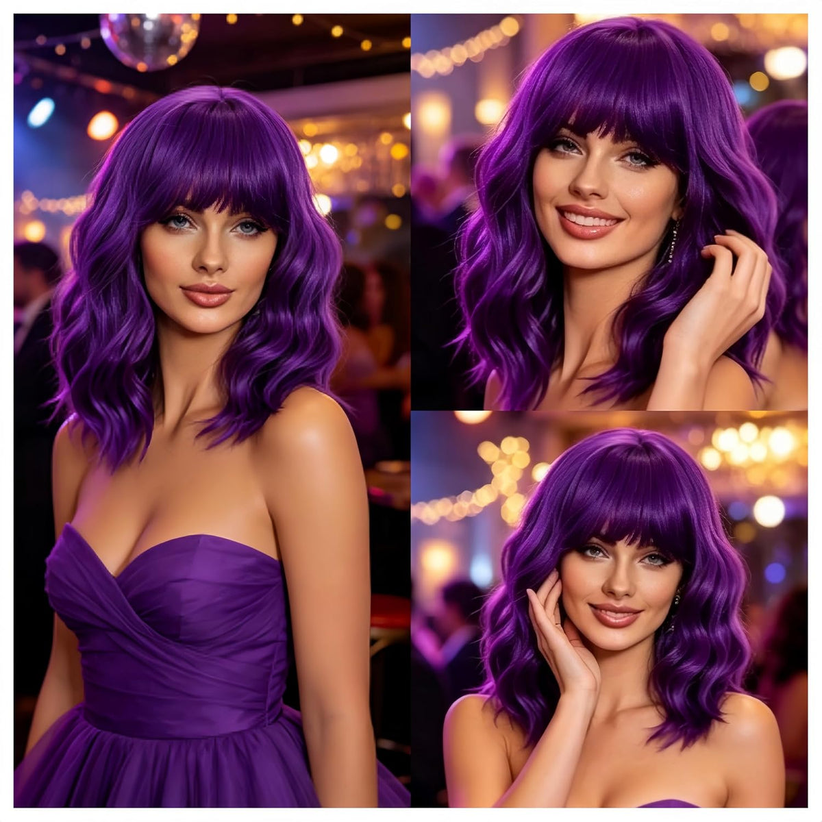 Dark Purple Wigs with Bangs for Women 14 Inch Short Wavy Bob Wigs Synthetic Bob Wig Curly Wig Heat Resistant Colorful Wavy Wig Cosplay Wigs For Daily Party Halloween