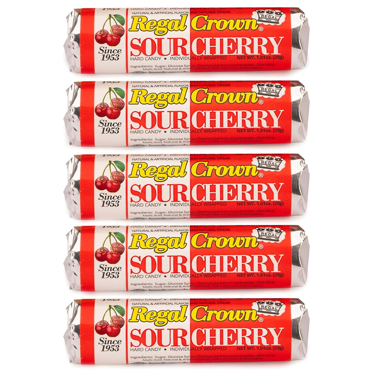 Regal Crown Roll Sour Cherry, 1.01 Ounce (Pack of 5), Sour Candy, The Hampton Candy Company