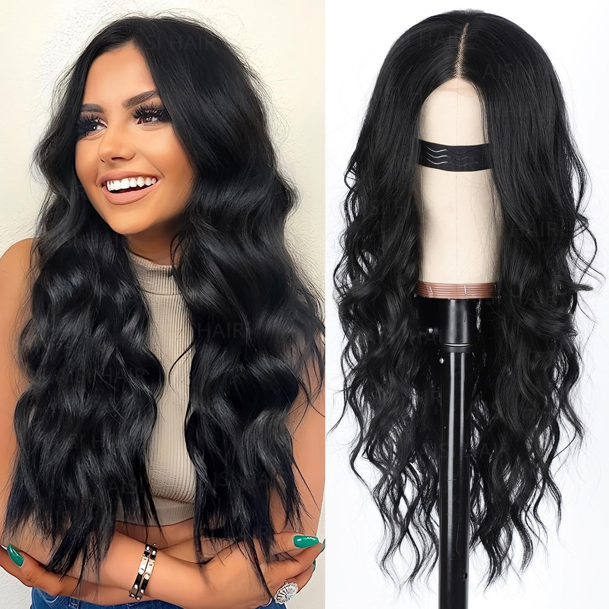 AISI HAIR Black Wig for Women, Long Wavy Lace Hairline Synthetic Wig 26Inch