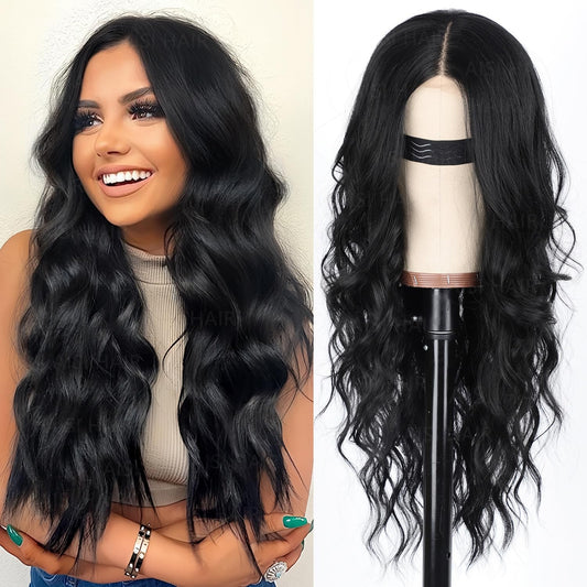 AISI HAIR Black Wig for Women, Long Wavy Lace Hairline Synthetic Wig 26Inch