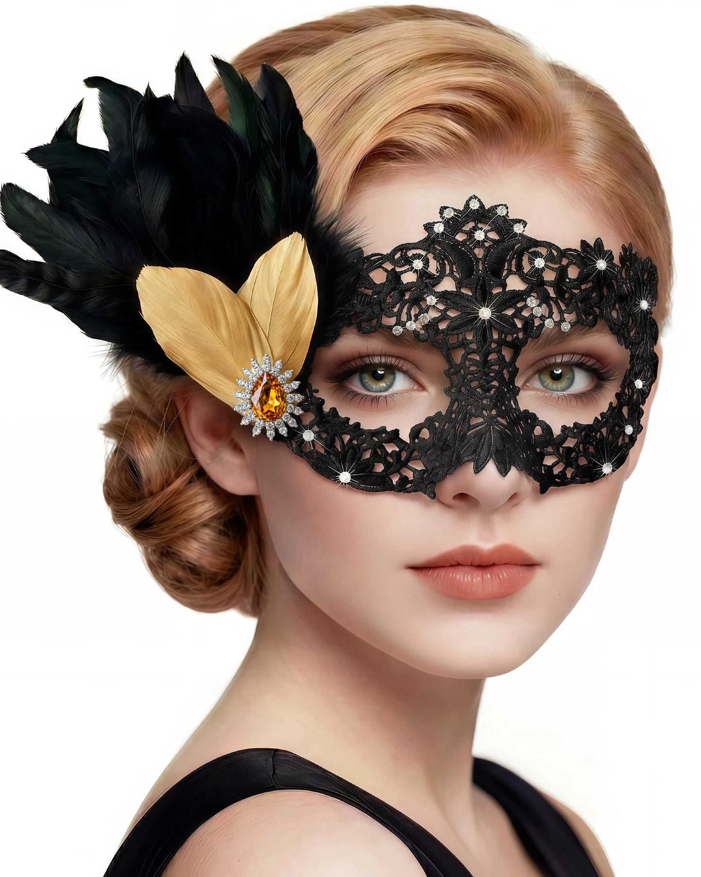 Black Lace Masquerade Mask for Women,1920s Venetian Feather Eye Mask with Gold Rhinestones for Mardi Gras Halloween