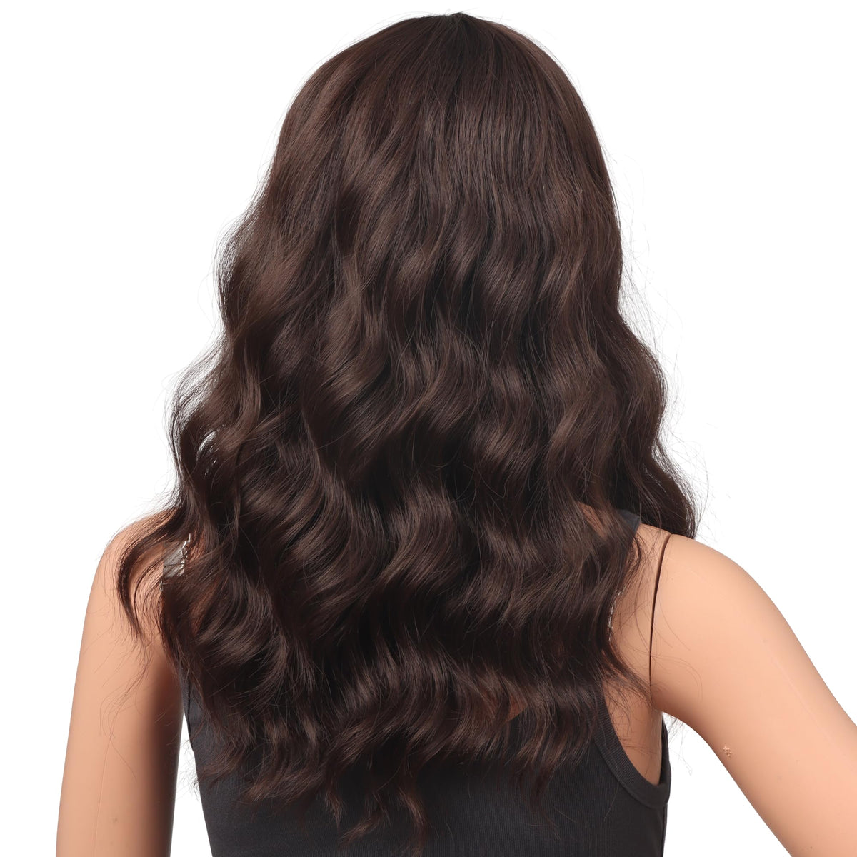 18 Inch Wavy Wig with Bangs – Black With Brown Highlights Heat Resistant Synthetic Hair, Soft Silky & Natural Looking for Women