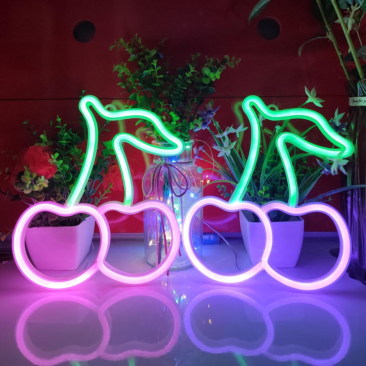 JYWJ Cherry LED Neon Signs Desktop Wall Decoration Light(Green+Pink)