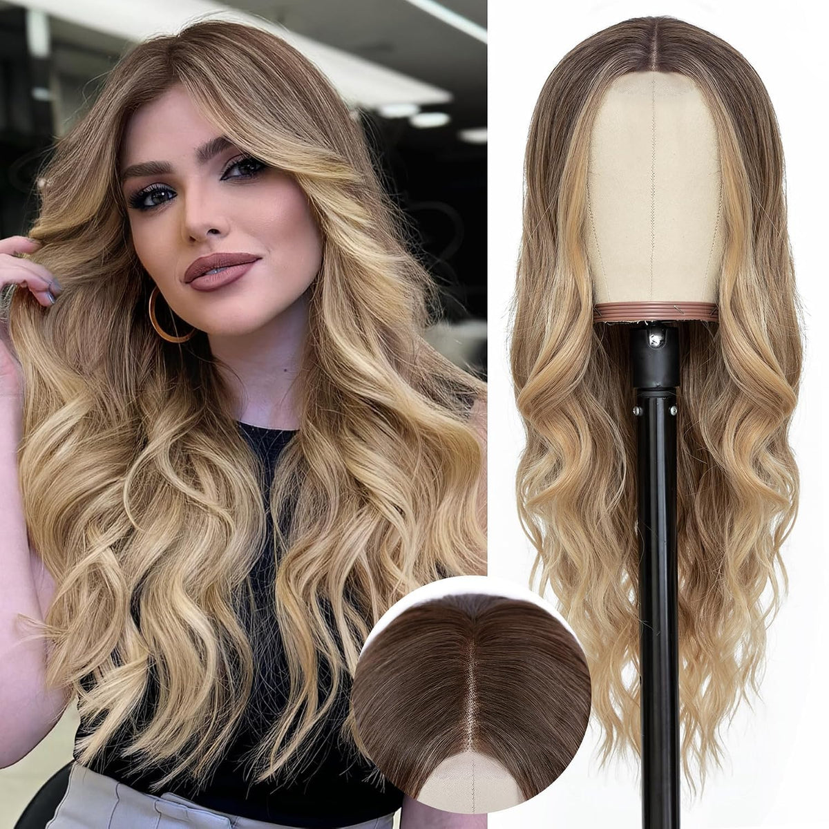 NAYOO Ice Blue Wig for Women, 26 Inch Middle Part Wavy Synthetic Wig