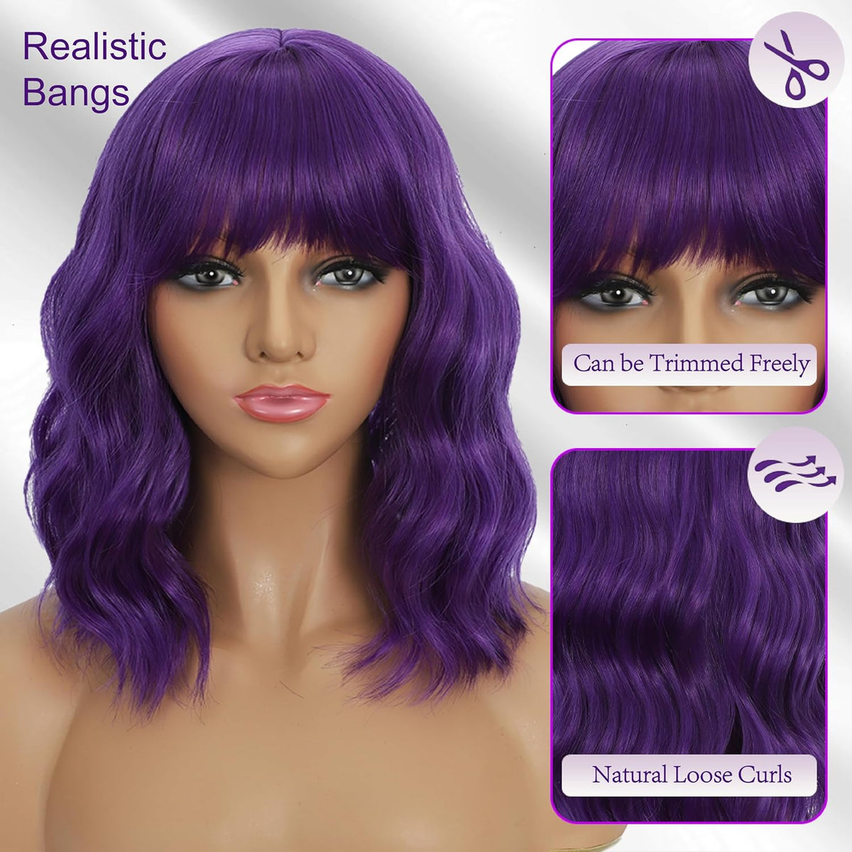 Dark Purple Wigs with Bangs for Women 14 Inch Short Wavy Bob Wigs Synthetic Bob Wig Curly Wig Heat Resistant Colorful Wavy Wig Cosplay Wigs For Daily Party Halloween