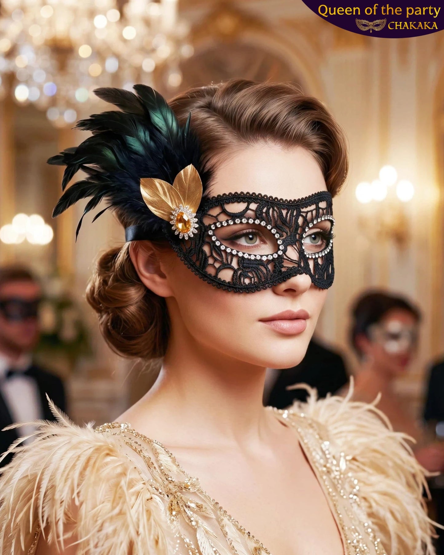 Black Lace Masquerade Mask for Women,1920s Venetian Feather Eye Mask with Gold Rhinestones for Mardi Gras Halloween