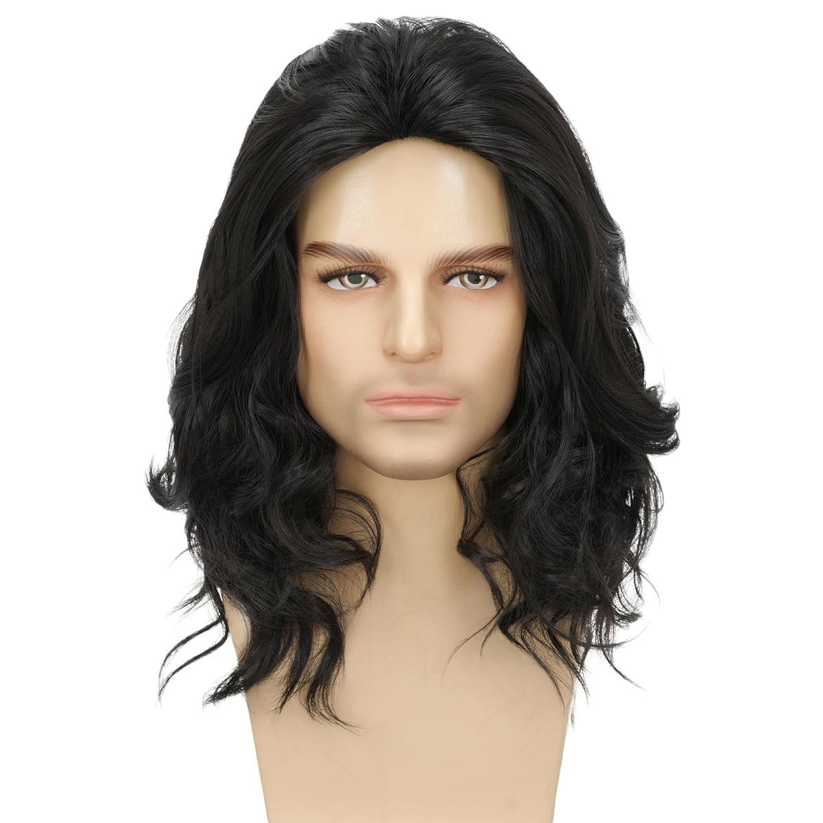 Mens Black Wig Long Curly Natural Hair Wig Layered Wavy for Daily Party Costume Cospaly Halloween