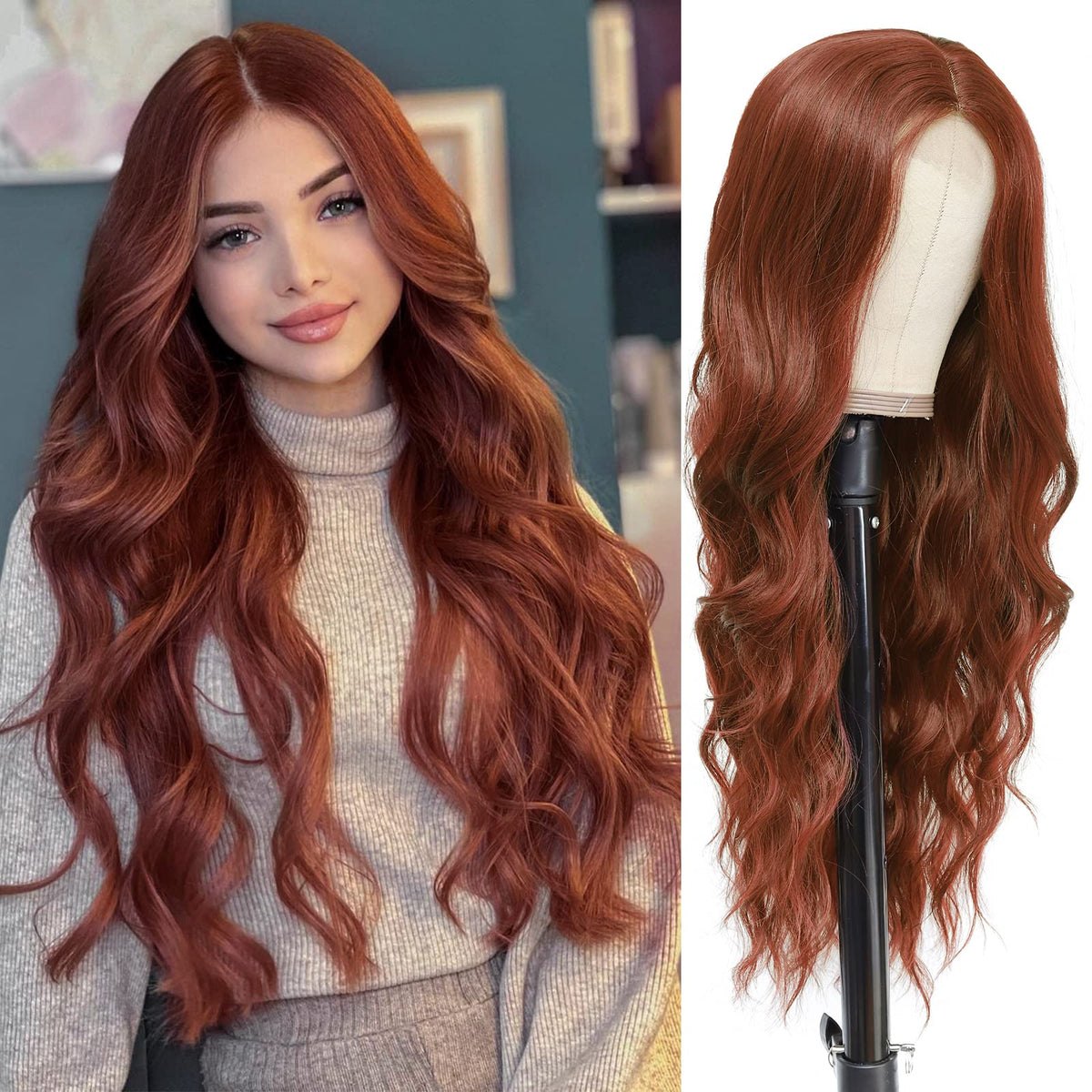 NAYOO 26 Inch Long Wavy Black Wig for Women, Middle Part Natural Looking Synthetic Wig, Heat Resistant Fiber Soft & Lightweight, Realistic Scalp Long Curly Wig for Daily Wear Party Cosplay