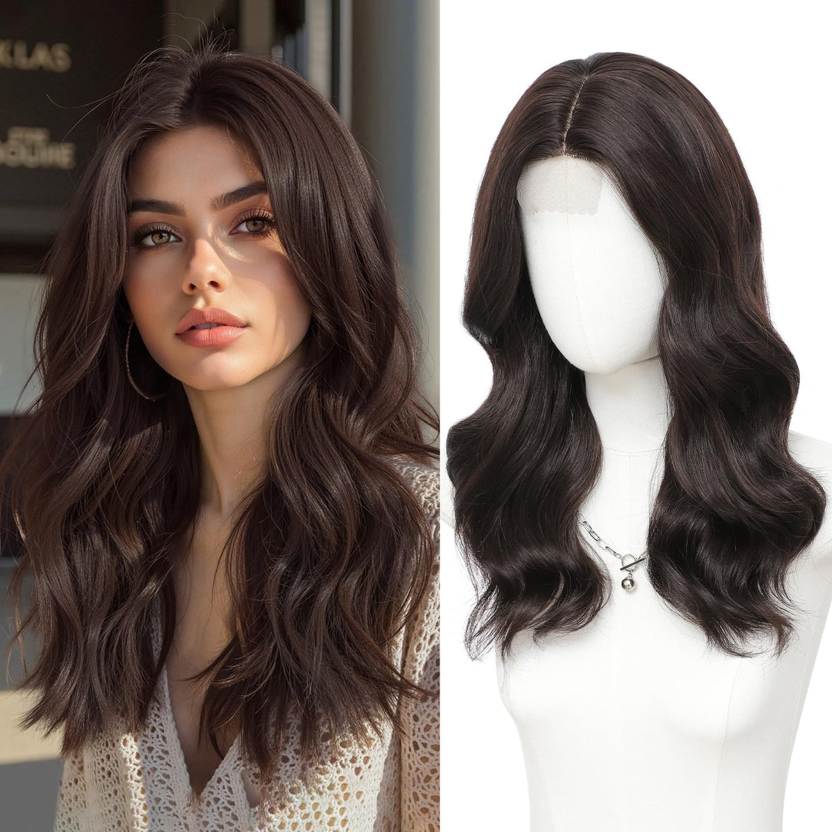 MORICA Ombre Dark Green Wigs for Women, 18 Inch Wavy Middle Part Wig