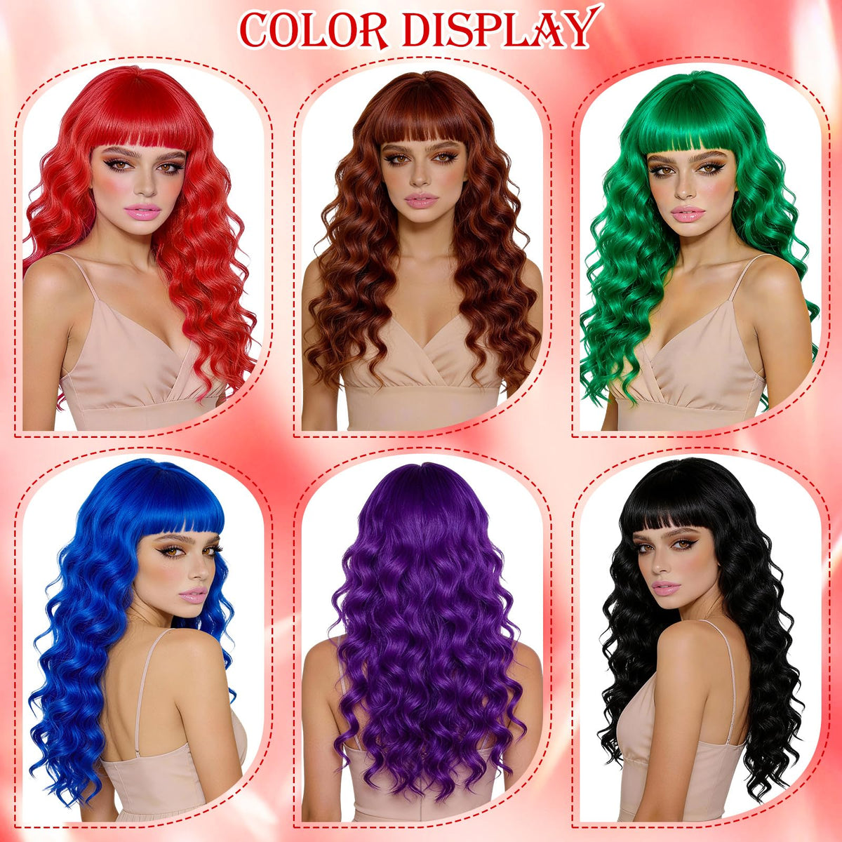 Purple Wig for Women Long Wavy Hair with Heart Sunglasses, Colorful Curly Wigs with Bangs for Birthday Nightclubs Music Festival Photography Funny Bachelorette Mardi Gras Party Supplies