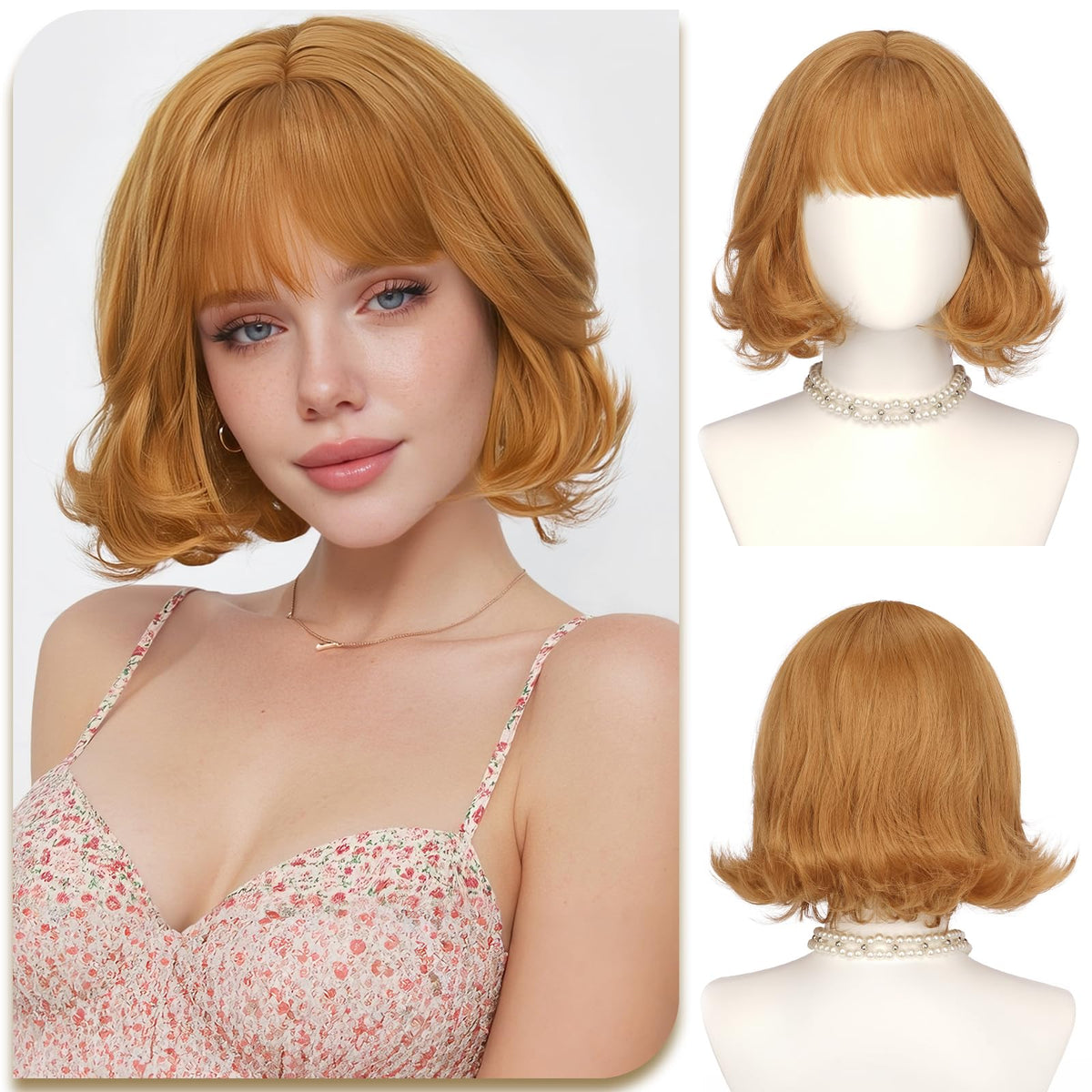 SOFEIYAN Short Wavy Violet Blue Wig - 12 Inch Dark Ginger Bob Wig with Bangs for Women Curly Shoulder Length Bob Wig with Bangs Soft Synthetic Hair Wigs for Girls Daily Party Use